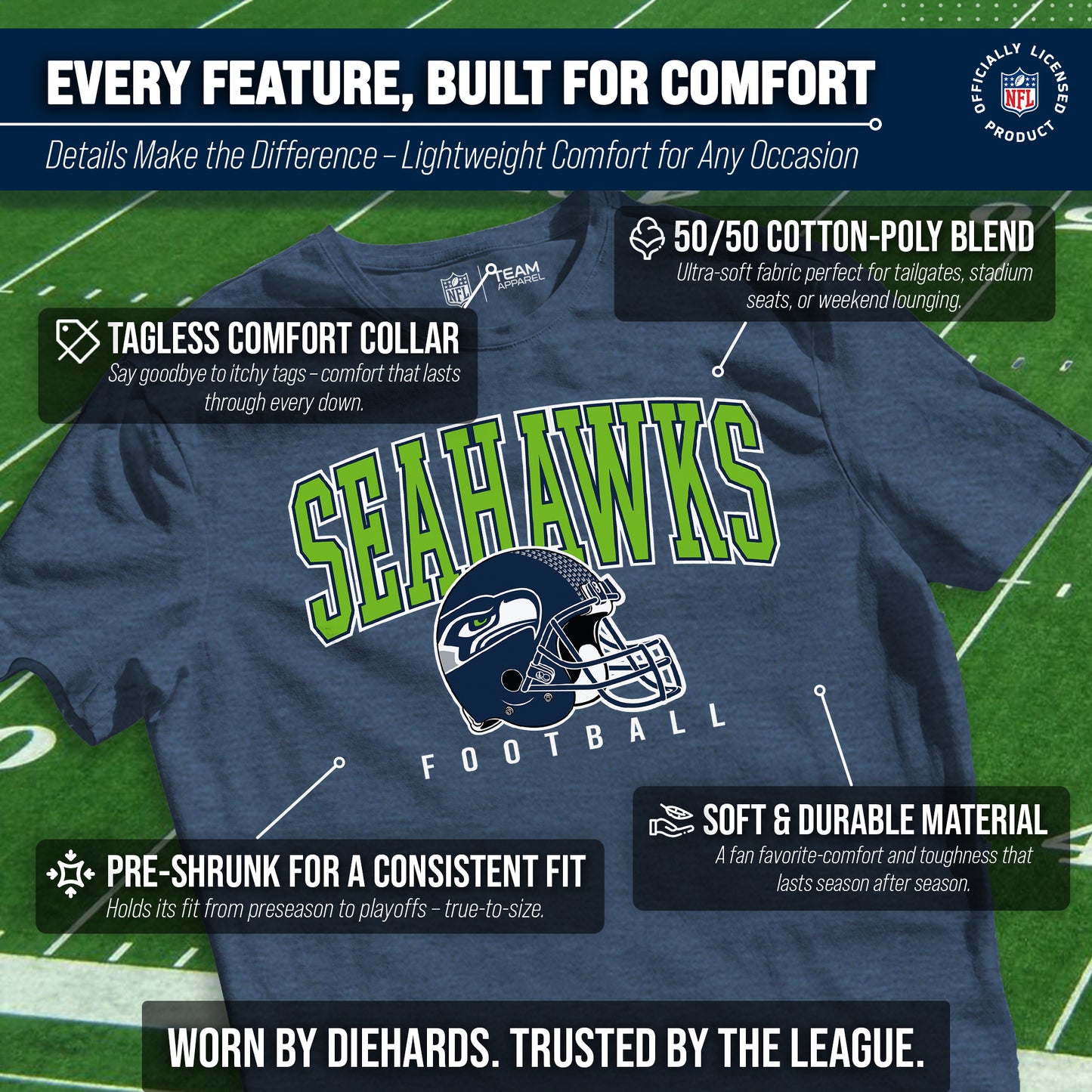 Seattle Seahawks NFL Adult All Star Heather Tag-Less T-Shirt - Navy Heather