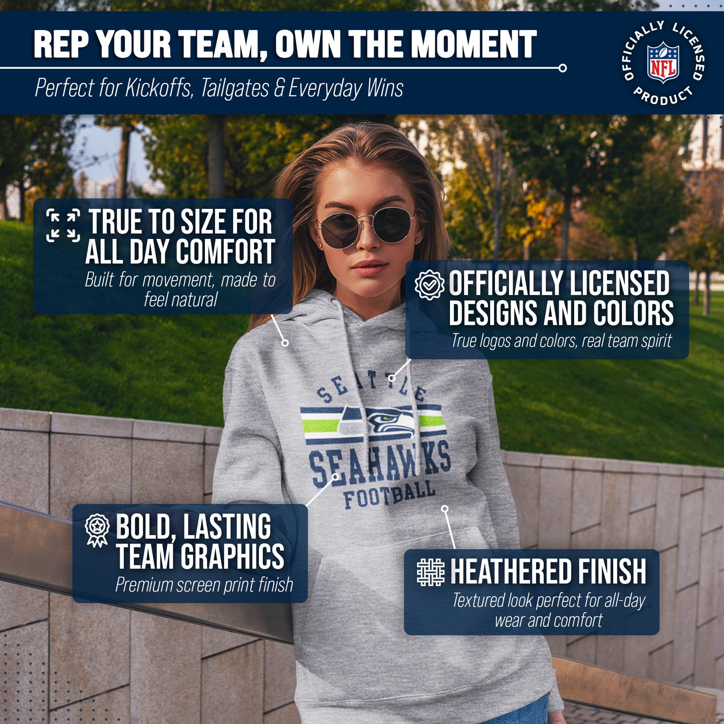 Seattle Seahawks NFL Team Stripe Hooded Sweatshirt- Soft Pullover Sports Hoodie For Men & Women - Sport Gray