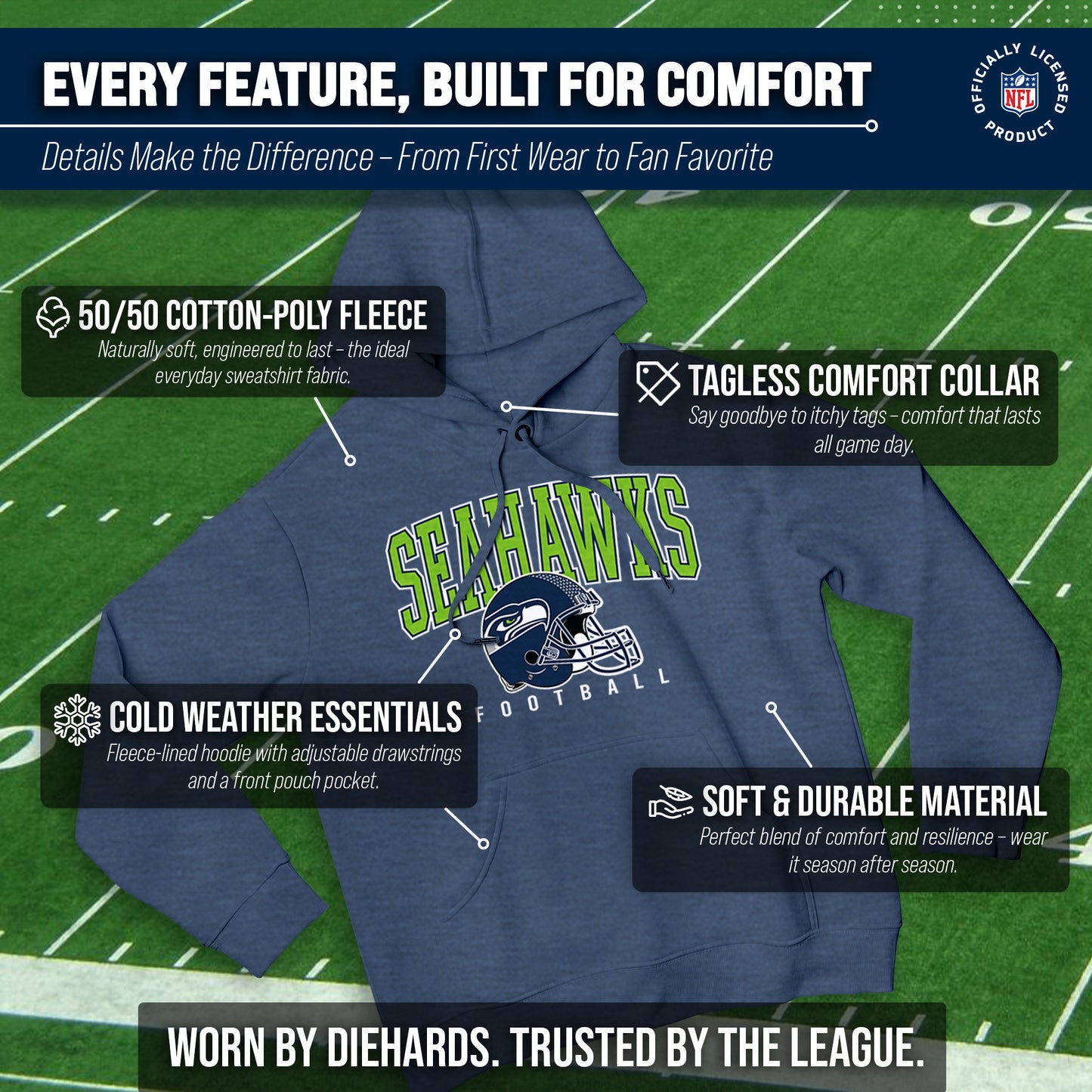 Seattle Seahawks NFL Adult Unisex All Star Soft Fleece Hooded Sweatshirt - Navy Heather