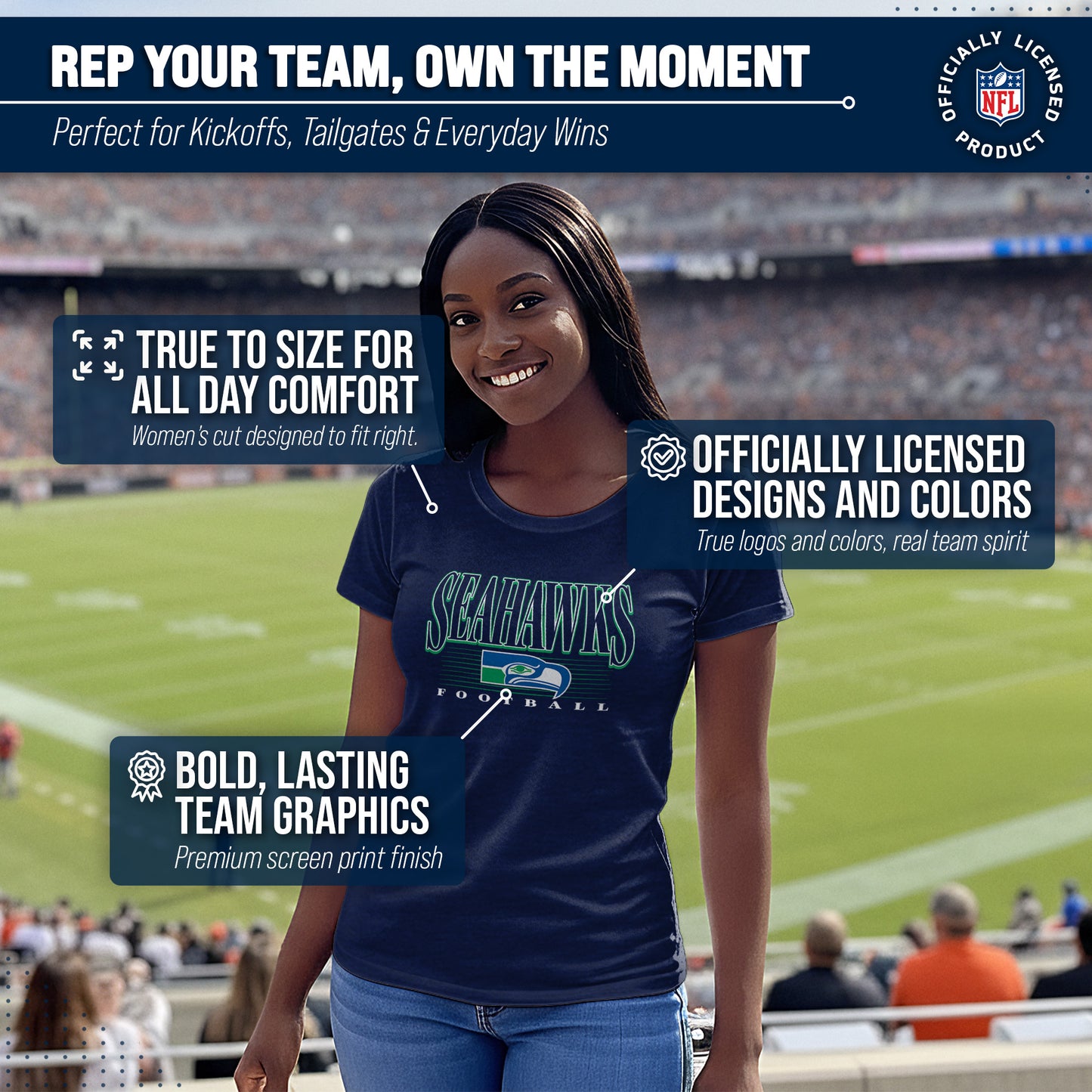 Seattle Seahawks NFL Womens Overtime Blueprint Tag-Less T-Shirt - Navy