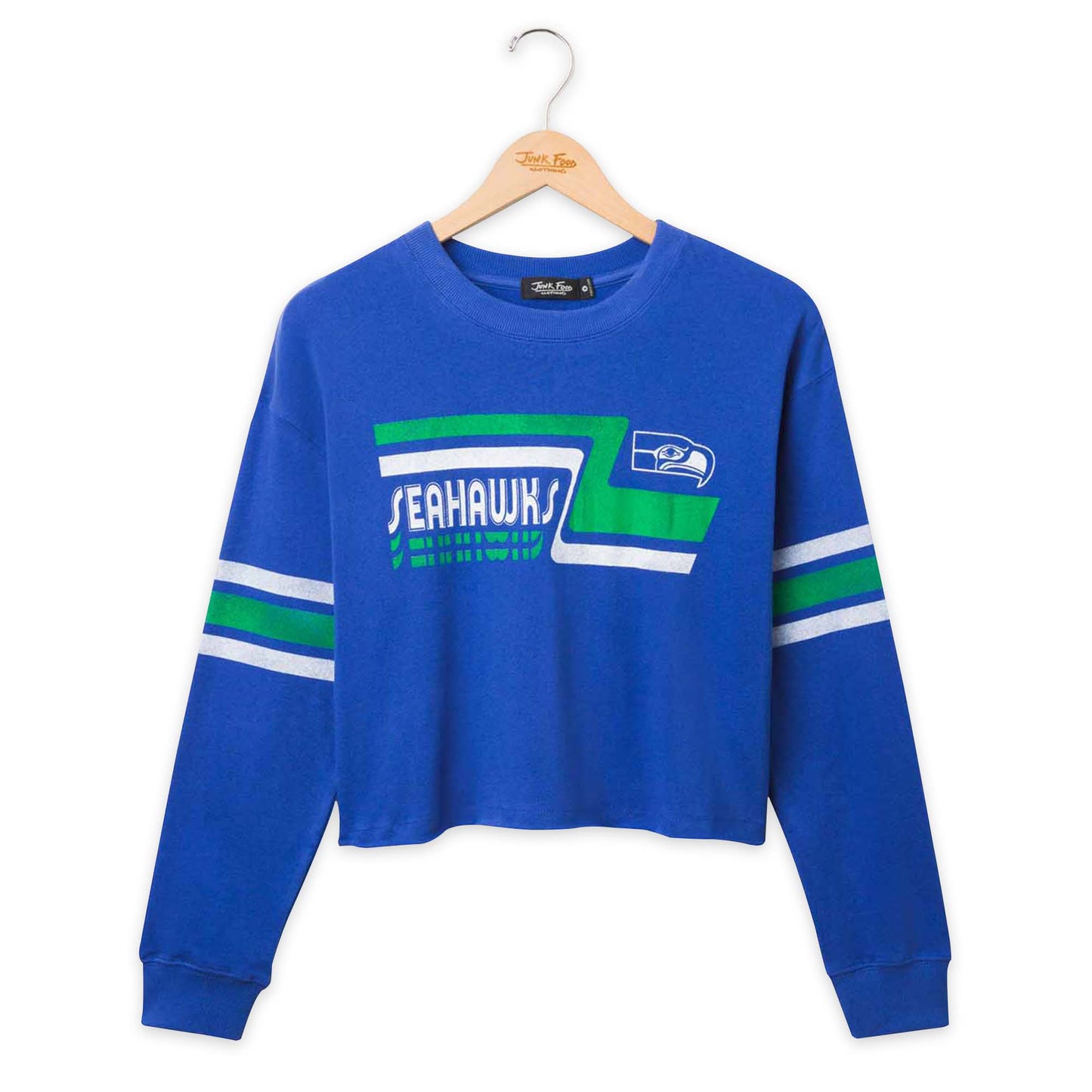 Seattle Seahawks Junk Food NFL Women's Franchise Varsity Stripe Crop Crewneck - Royal