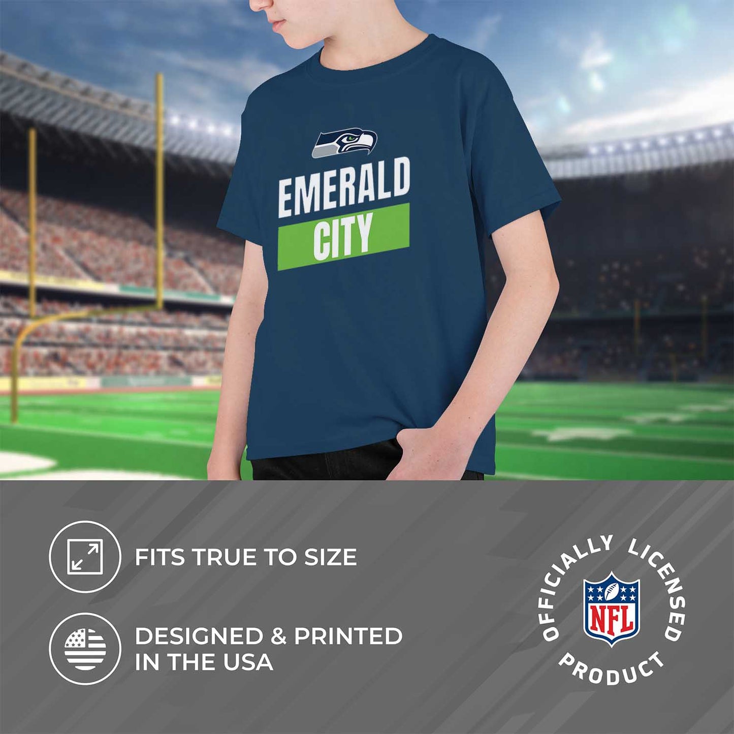 Seattle Seahawks NFL Youth Team Slogan Short Sleeve Lightweight T Shirt - Navy