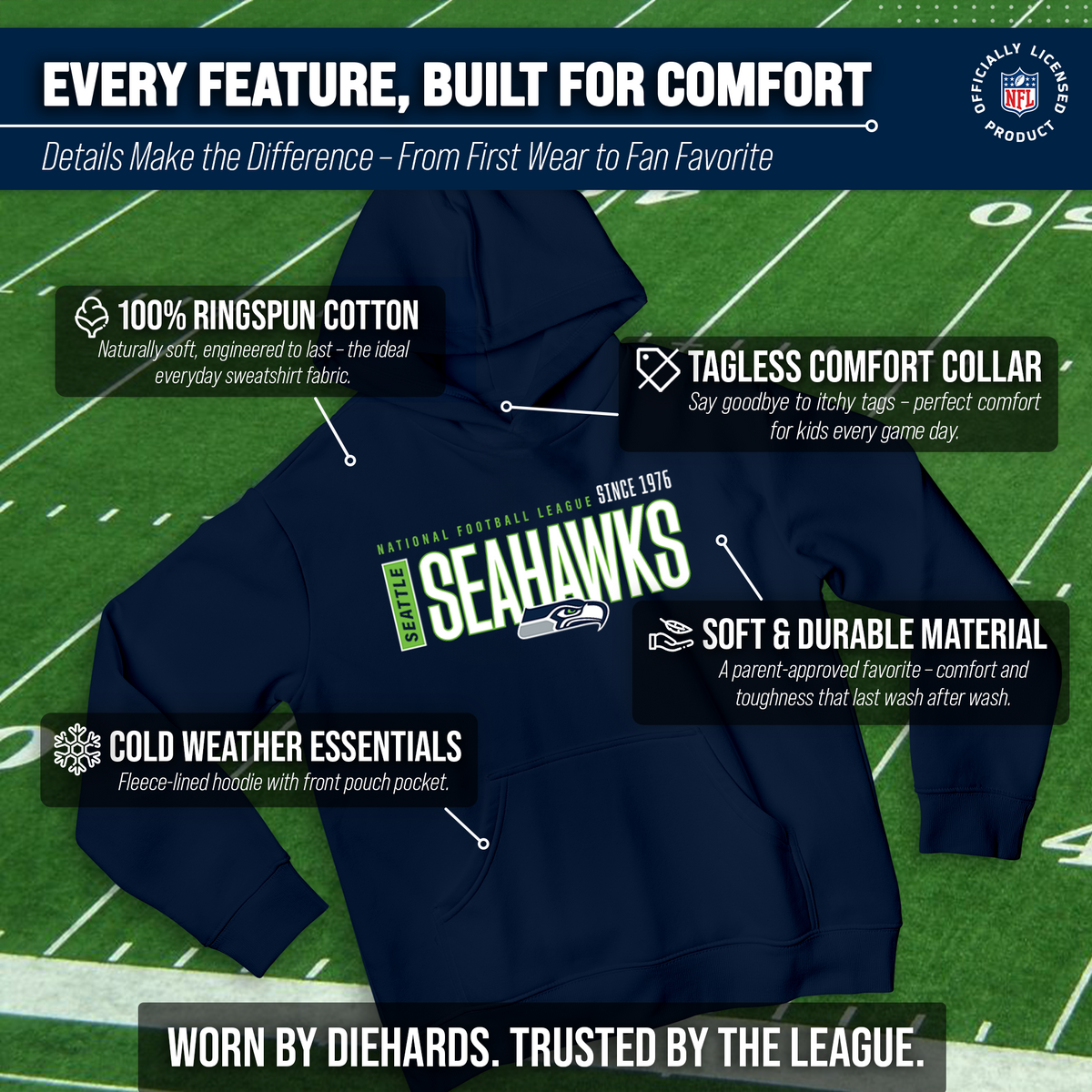 Seattle Seahawks  Youth Modern Endzone Football Fleece Hoodie - Navy