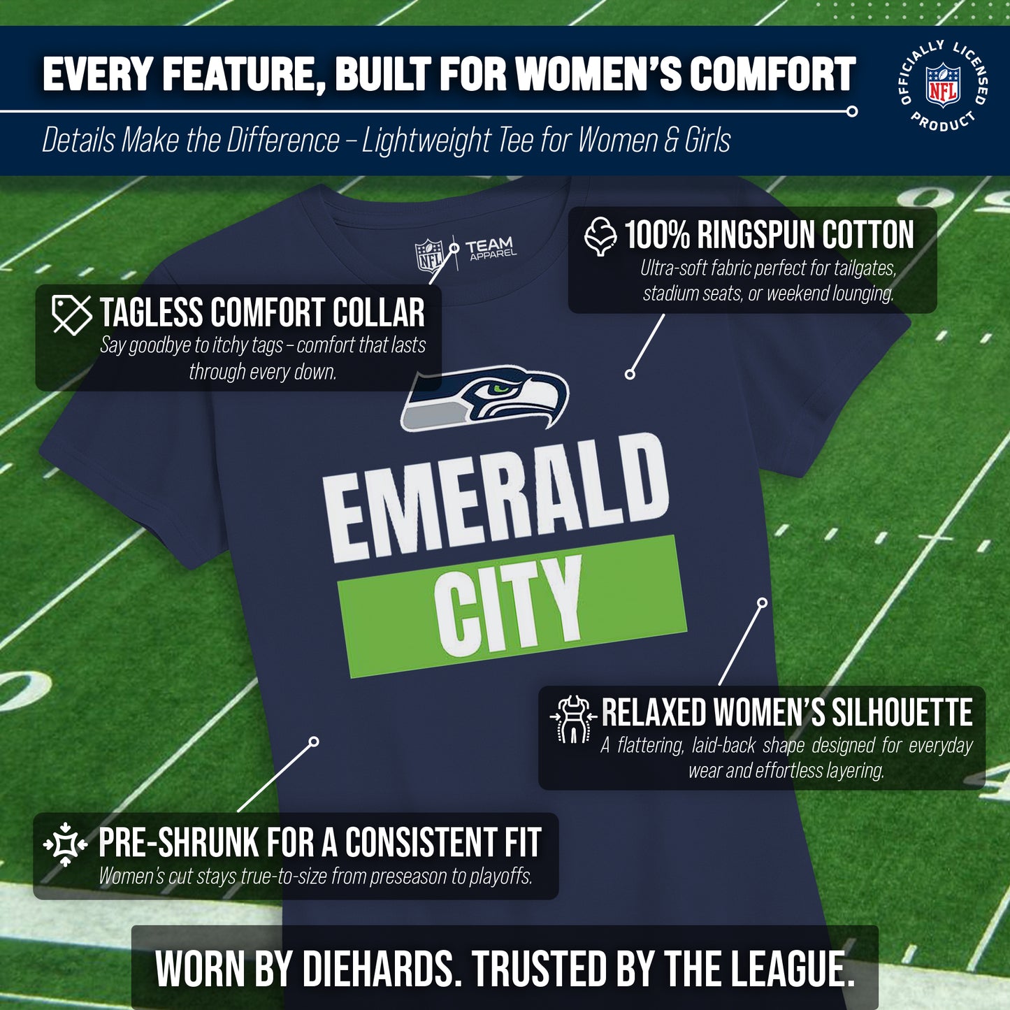Seattle Seahawks NFL Womens Team Slogan Short Sleeve Tshirt - Navy
