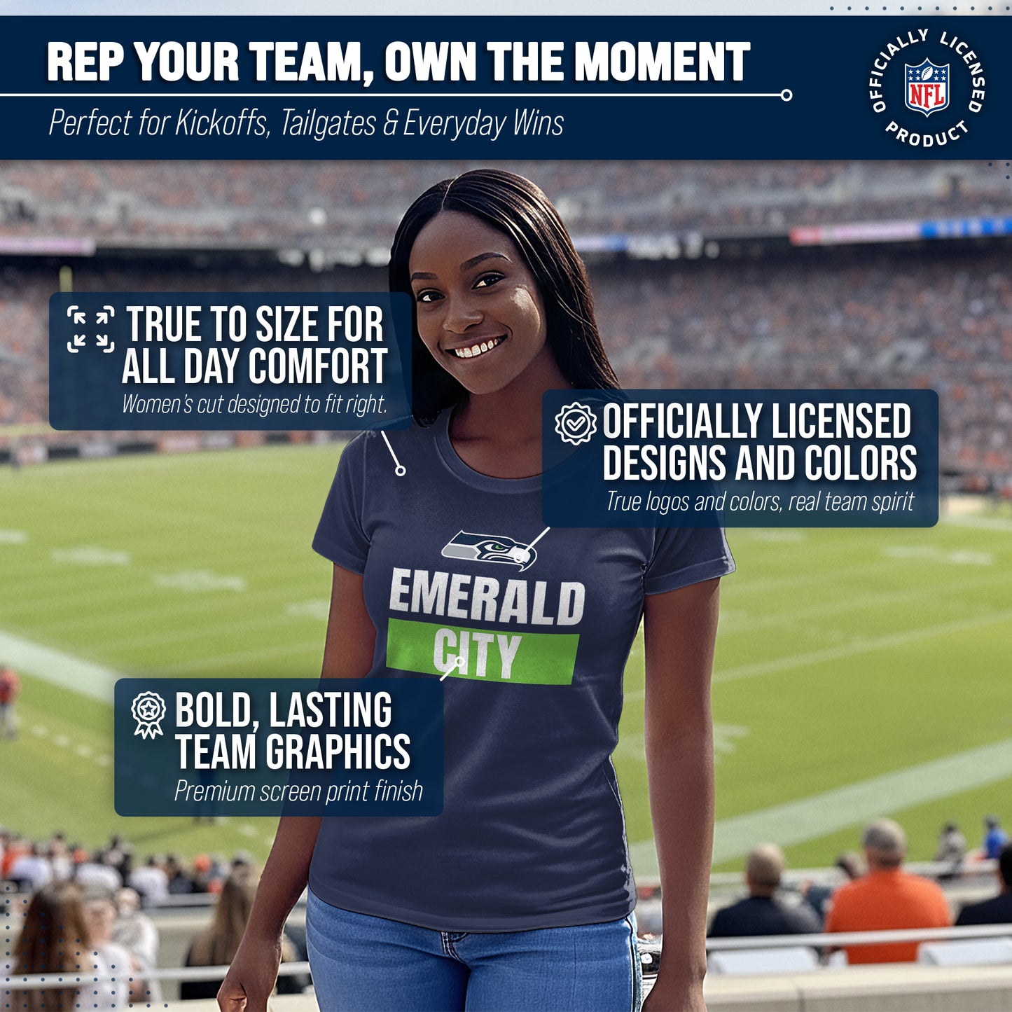 Seattle Seahawks NFL Womens Team Slogan Short Sleeve Tshirt - Navy