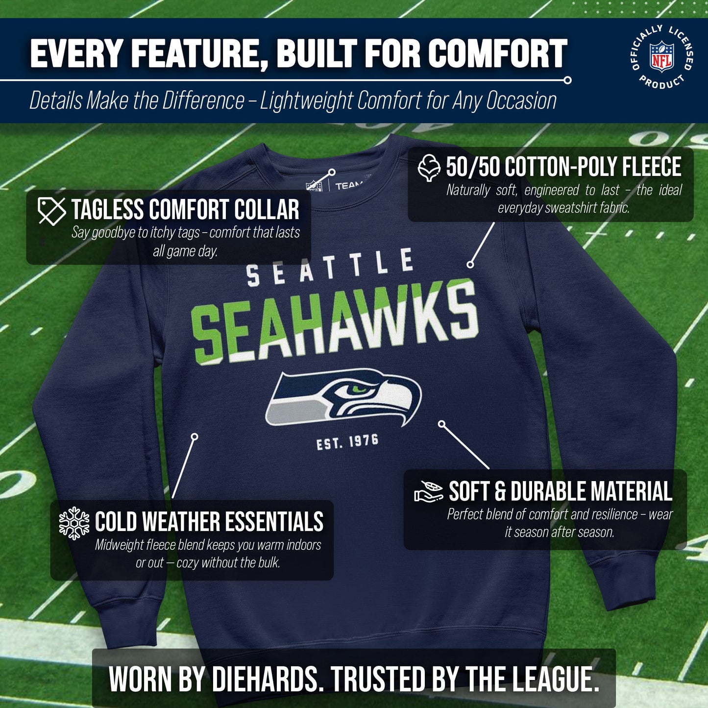 Seattle Seahawks Adult NFL Diagonal Fade Color Block Crewneck Sweatshirt - Navy