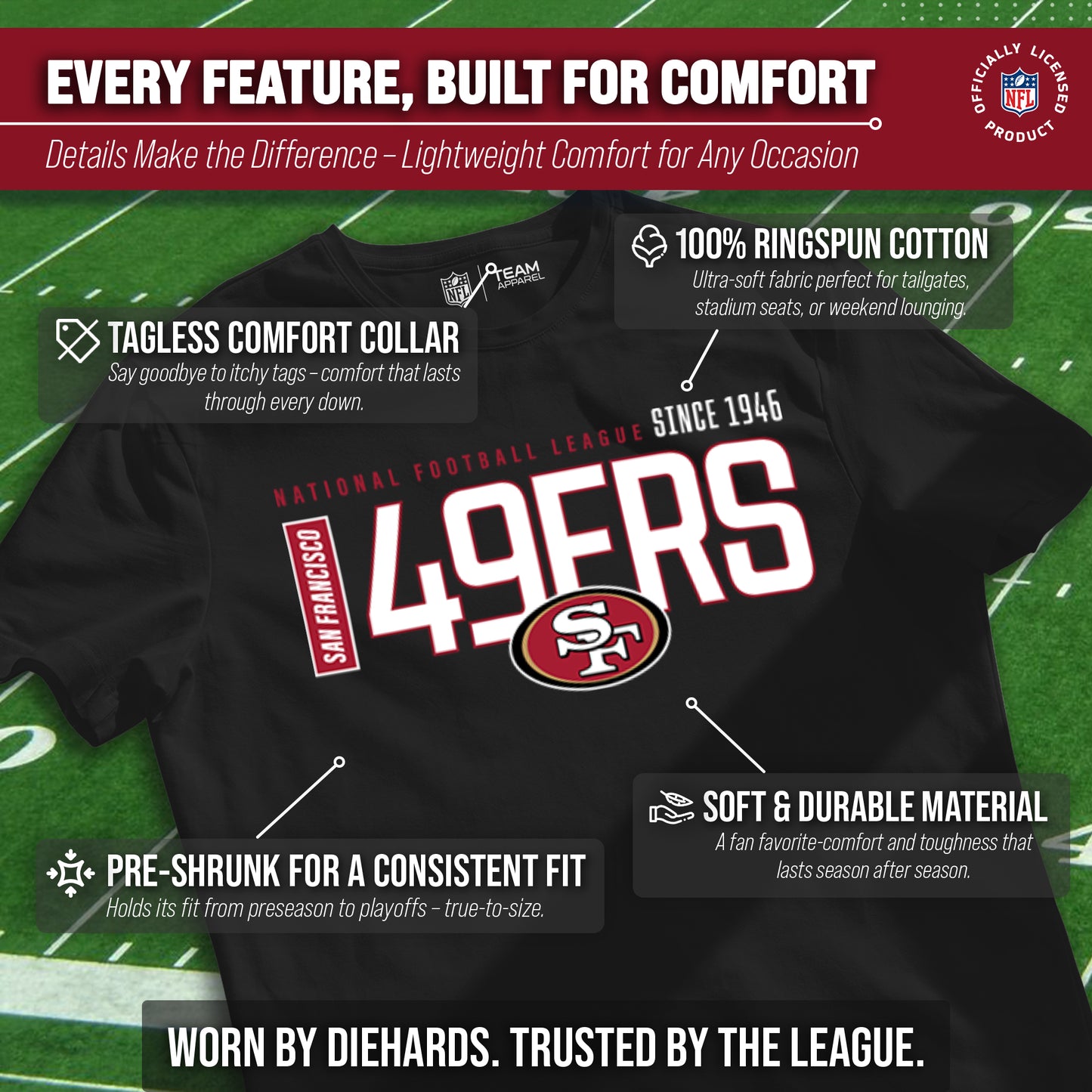 San Francisco 49ers NFL Youth Modern Endzone Football T-Shirt Unisex Tag Free Comfortable - Black
