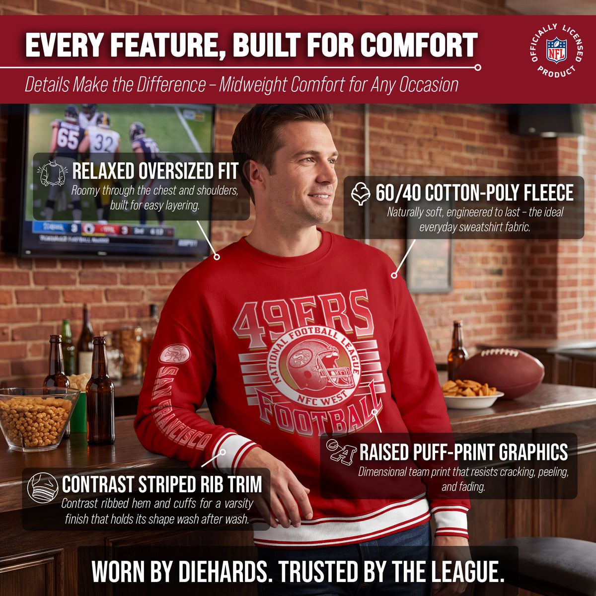 San Francisco 49ers NFL Men's Franchise Striped Rib Oversized Crewneck - Red