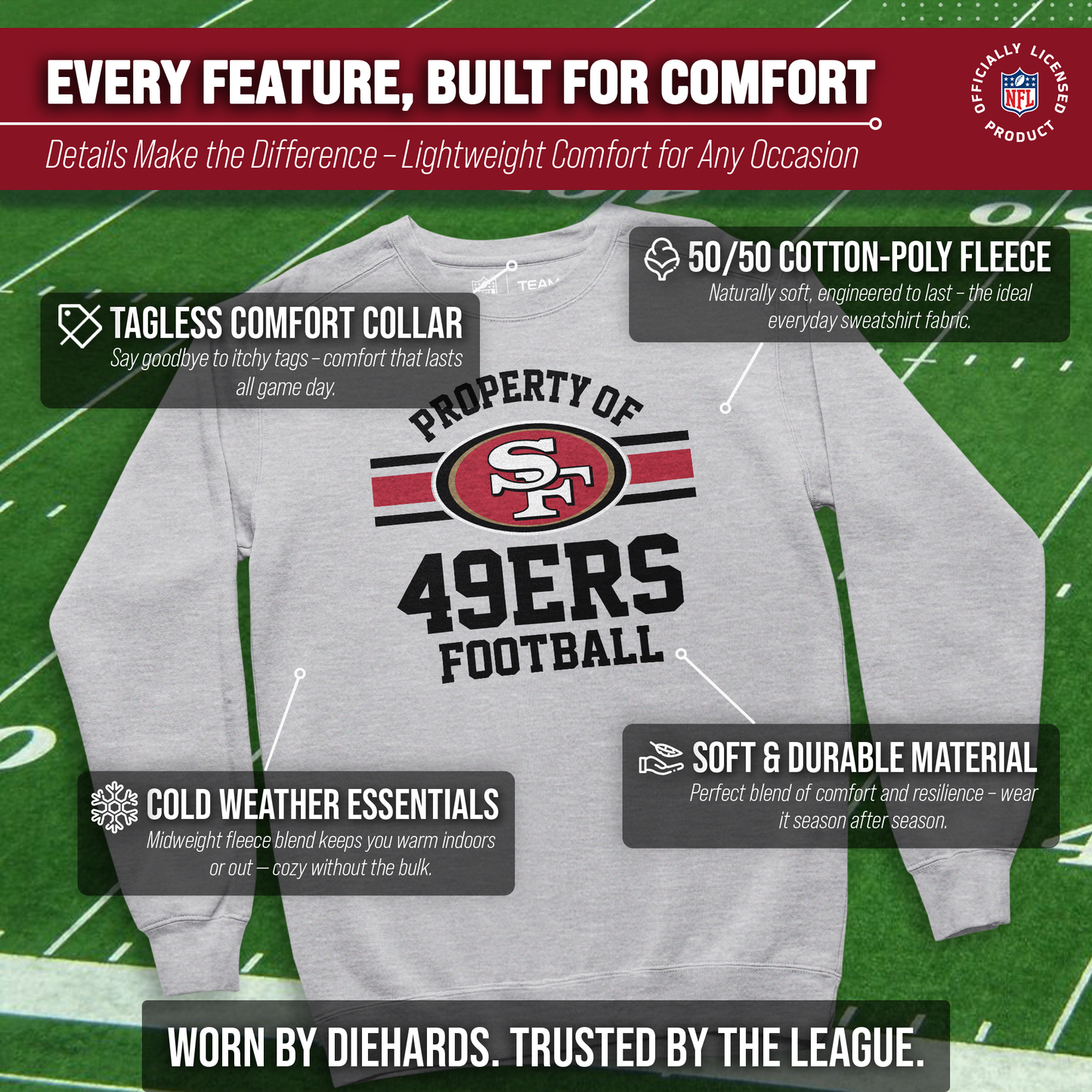 San Francisco 49ers NFL Adult Property Of Crewneck Fleece Sweatshirt - Sport Gray