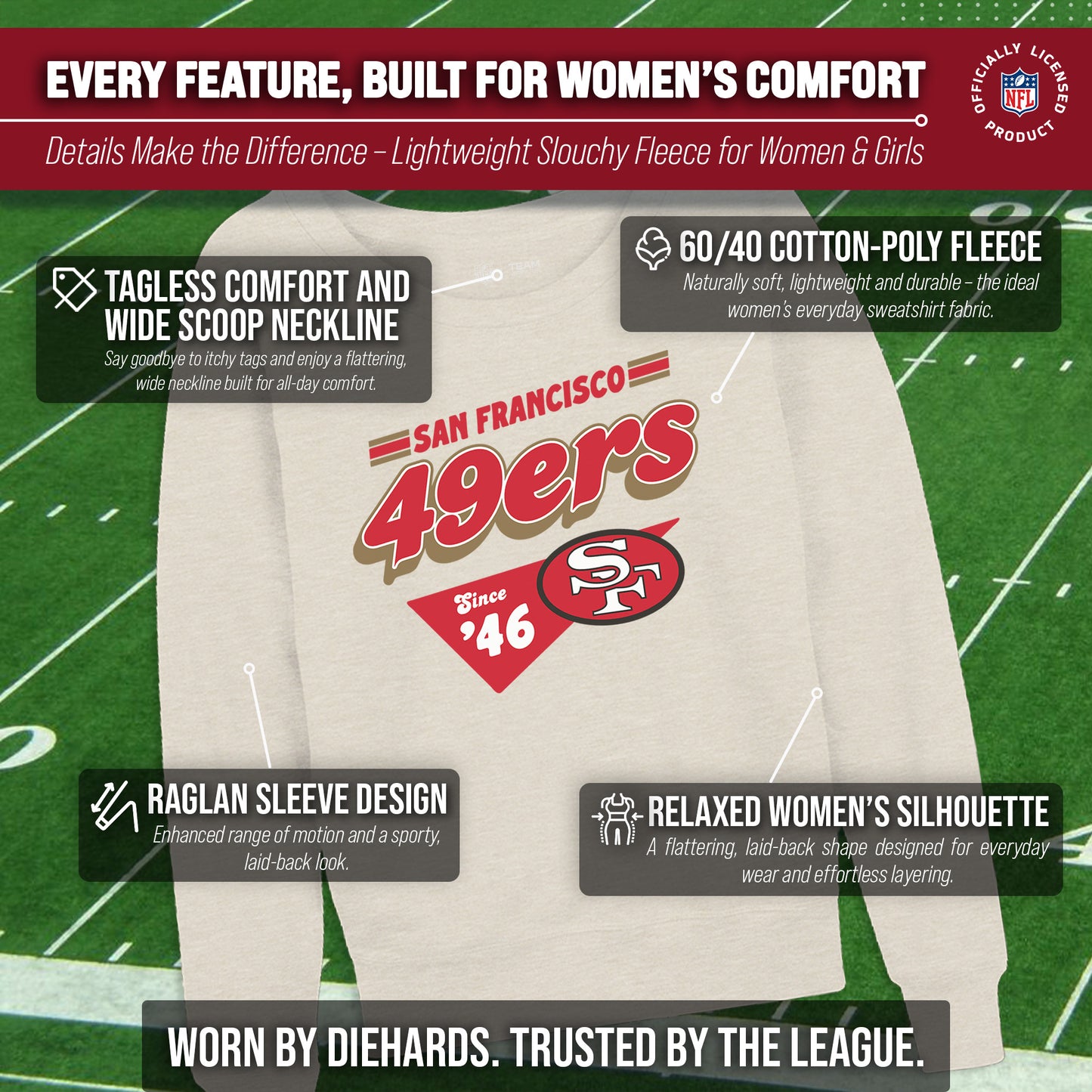 San Francisco 49ers NFL Womens Vintage Charm French Terry Slouchy Top - Birch