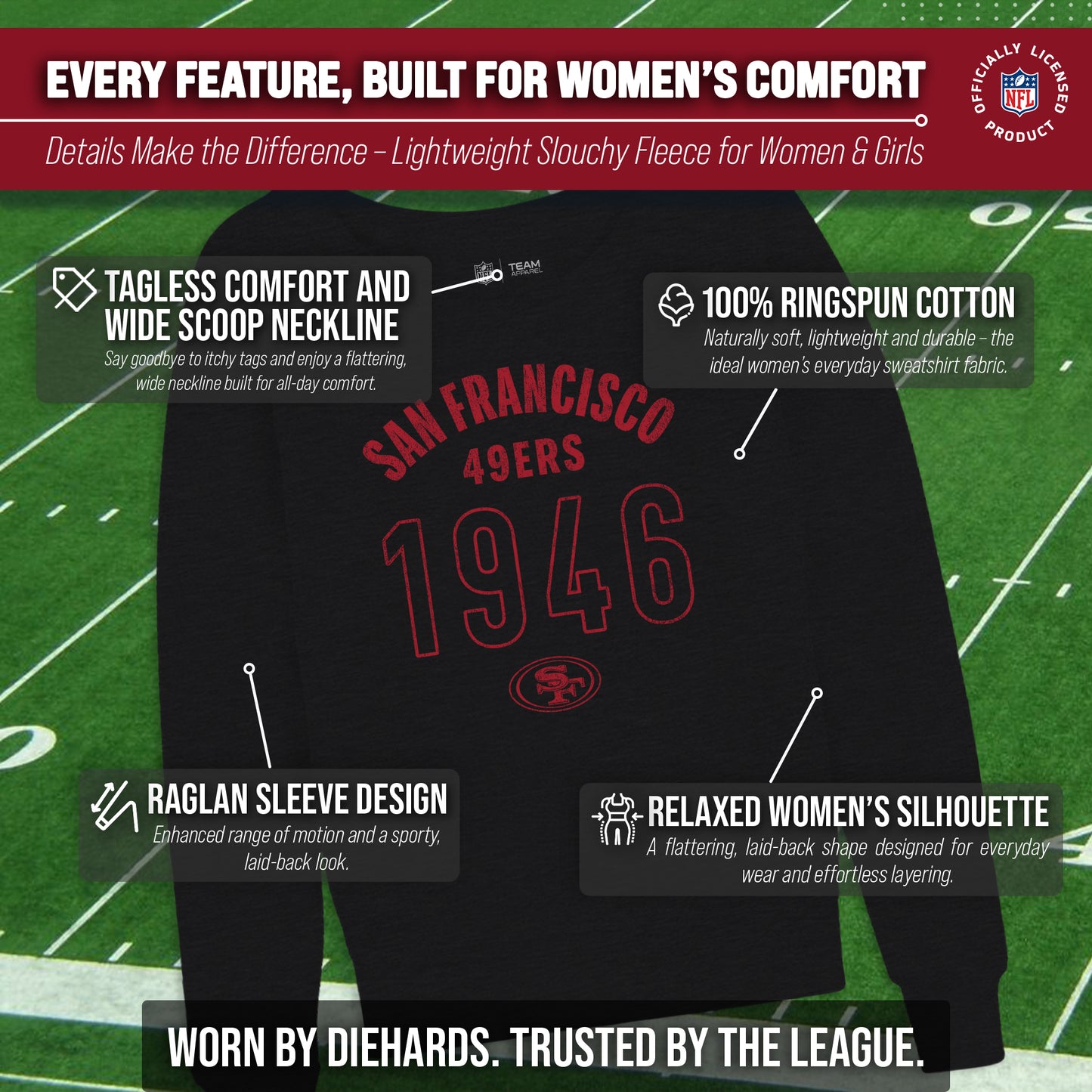 San Francisco 49ers NFL Womens Big Date French Terry Slouchy Top - Black