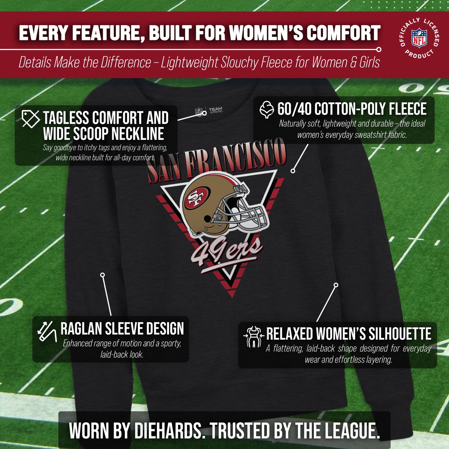 San Francisco 49ers NFL Womens Retro Triangle French Terry Slouchy Top- Raglan Sleeves - Heather Charcoal