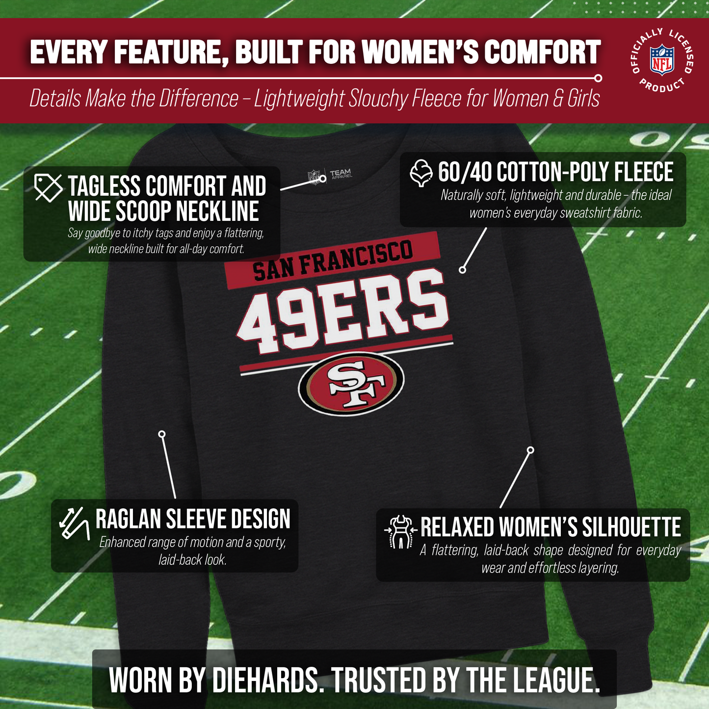 San Francisco 49ers NFL Womens Team Block French Terry Slouchy Top - Charcoal