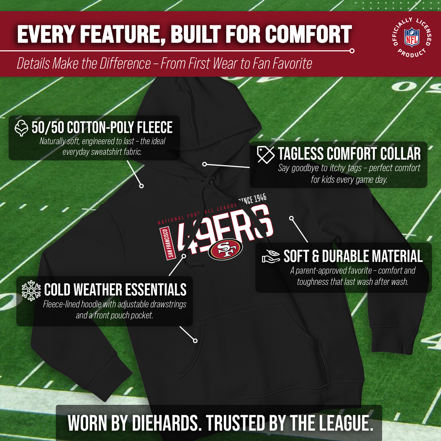 San Francisco 49ers NFL Adult Unisex Modern Endzone Soft Fleece Hooded Sweatshirt - Black
