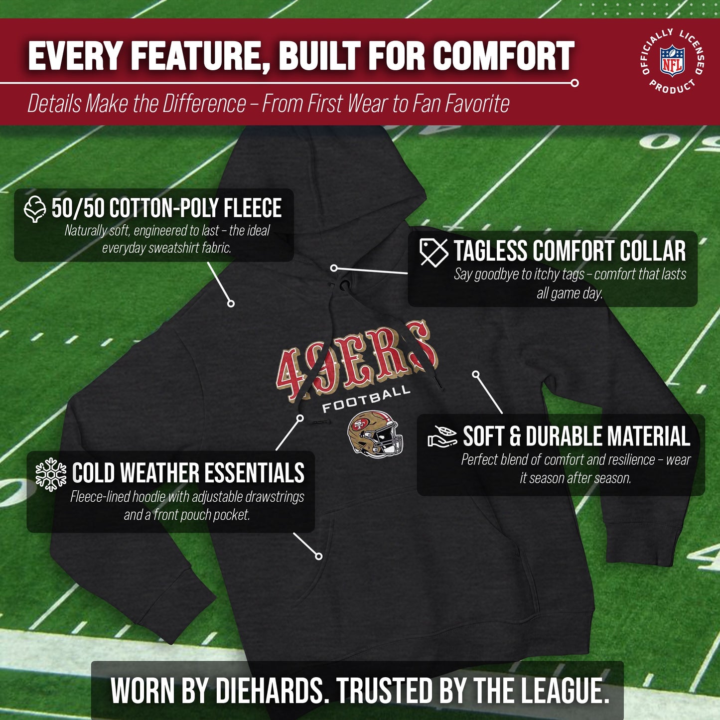 San Francisco 49ers Adult NFL Football Helmet Heather Hooded Sweatshirt  - Charcoal
