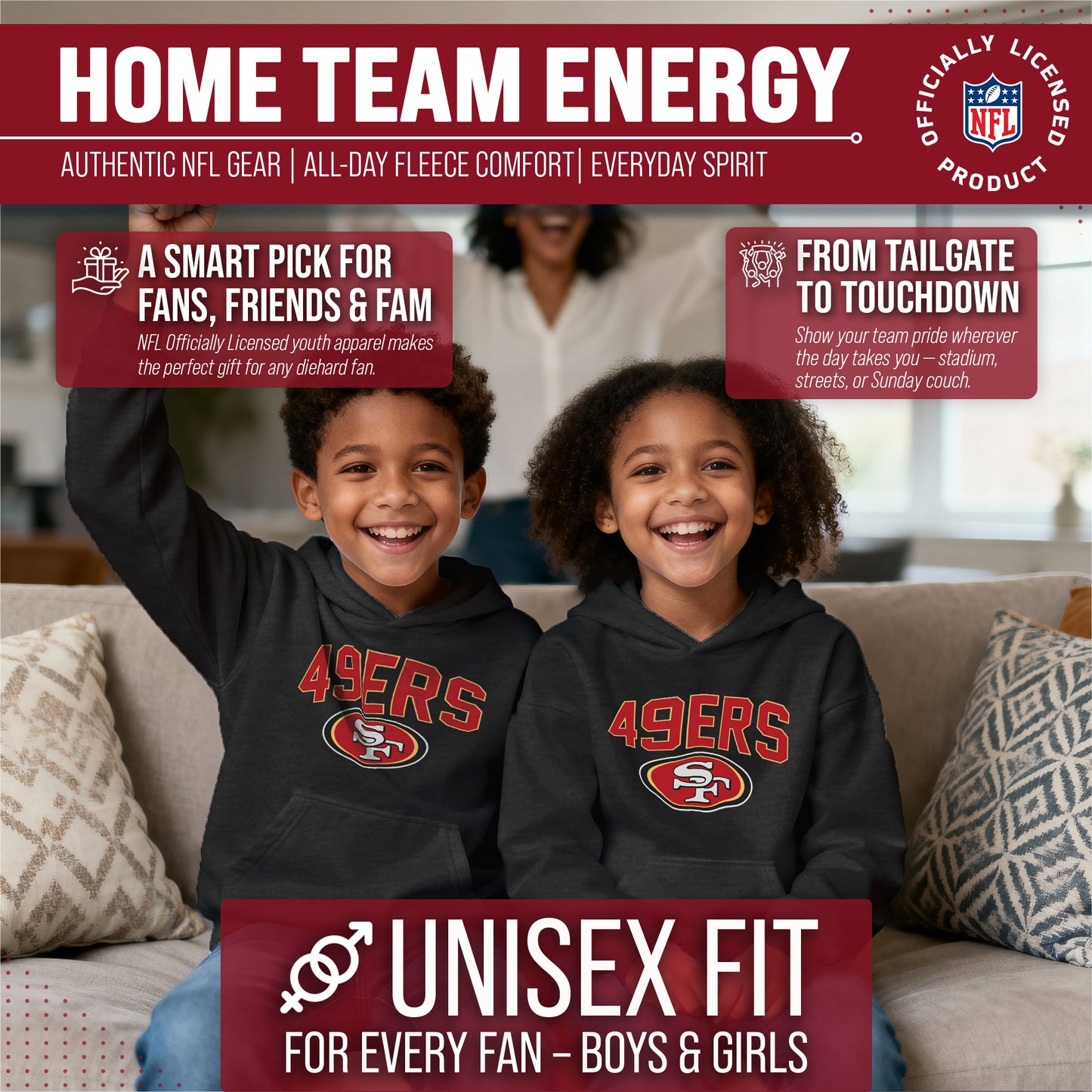 San Francisco 49ers NFL Youth Home Team Hoodie- Kids Hooded Sweatshirt - Black