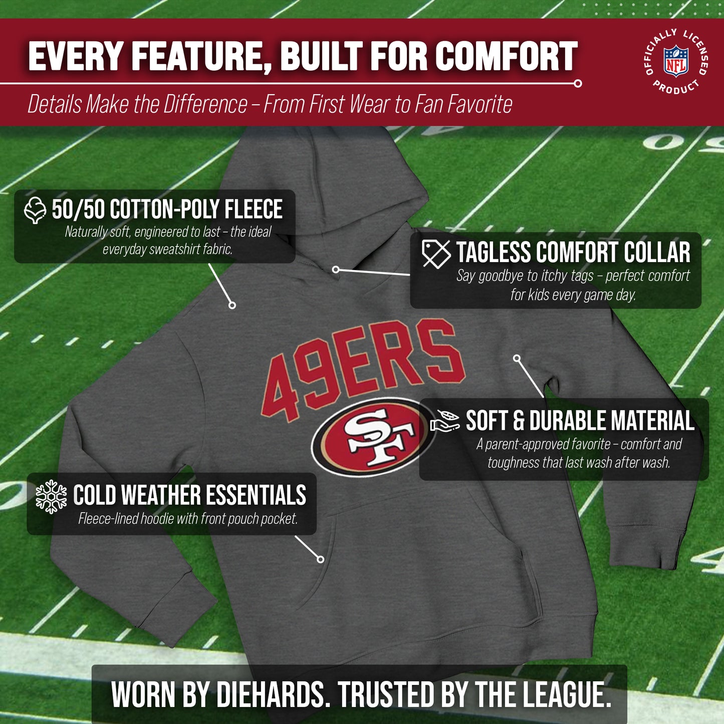 San Francisco 49ers NFL Youth Home Team Hoodie- Kids Hooded Sweatshirt - Sport Gray