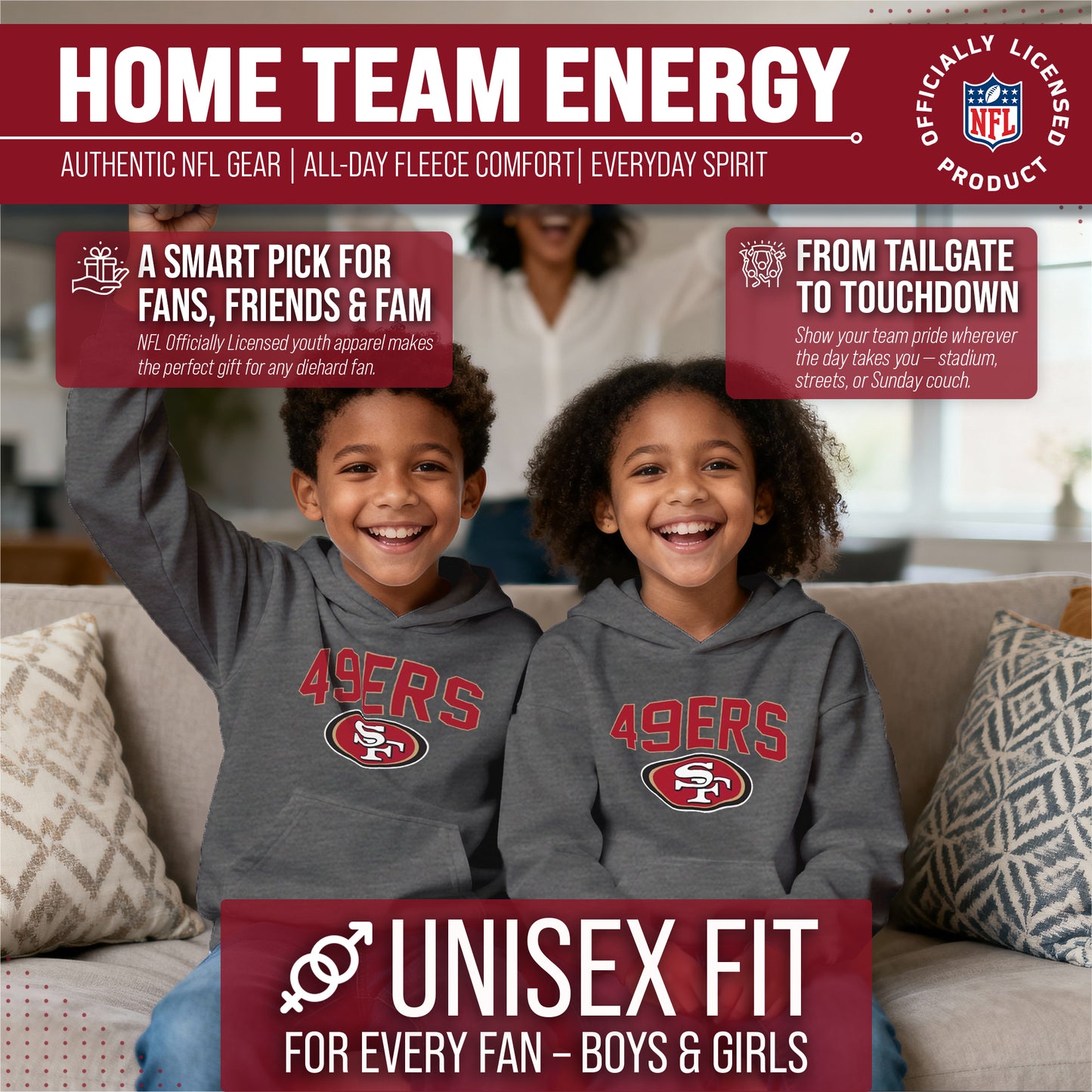 San Francisco 49ers NFL Youth Home Team Hoodie- Kids Hooded Sweatshirt - Sport Gray