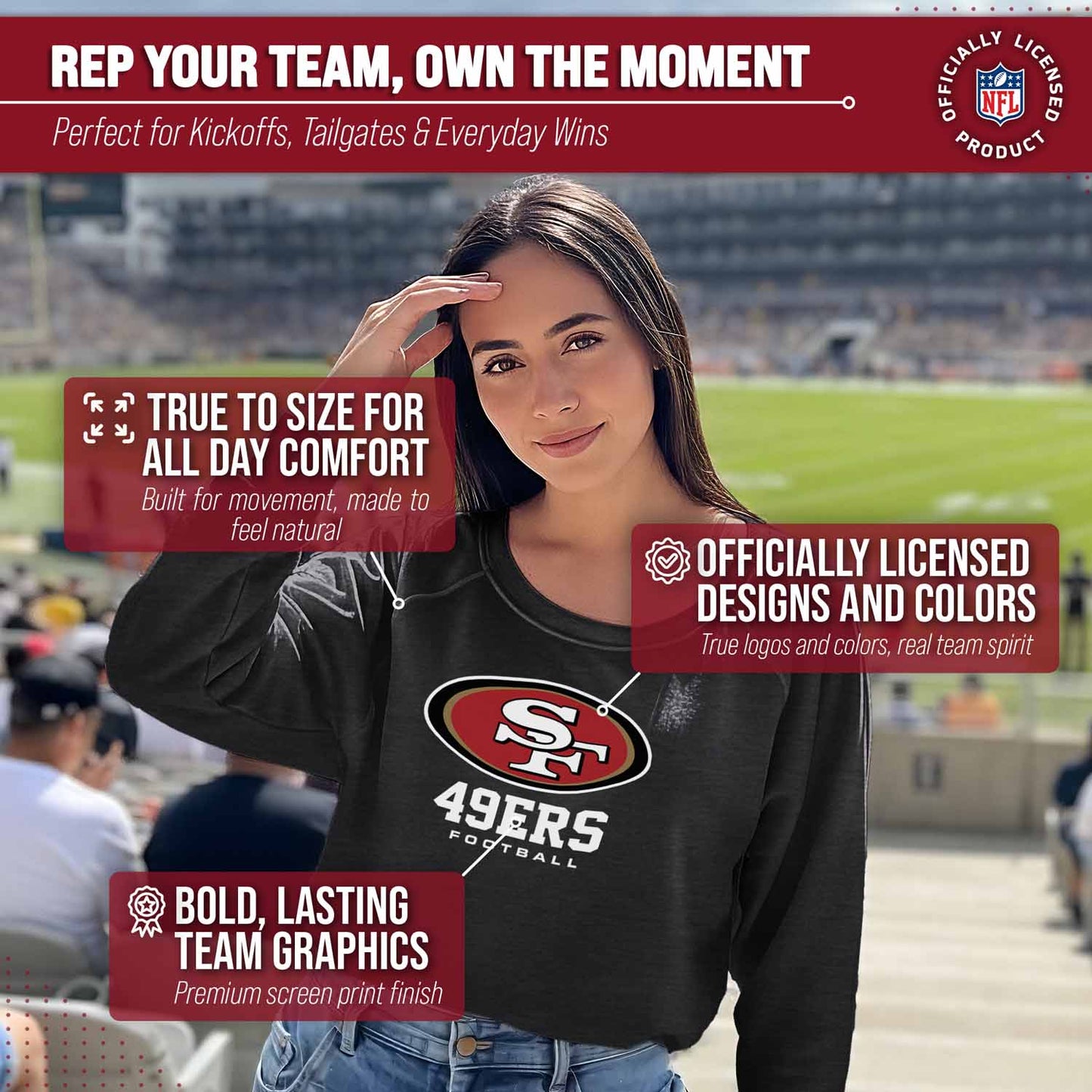 San Francisco 49ers NFL Womens Ultimate Fan French Terry Slouchy Top- Raglan Sleeves - Charcoal