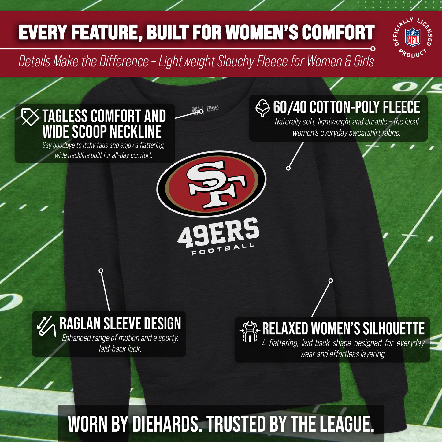 San Francisco 49ers NFL Womens Ultimate Fan French Terry Slouchy Top- Raglan Sleeves - Charcoal