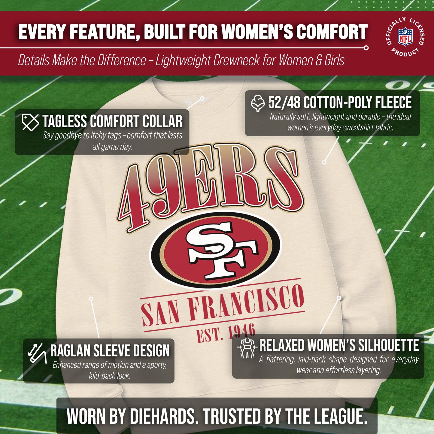 San Francisco 49ers Womens NFL Starstruck Crewneck Pullover - Cream