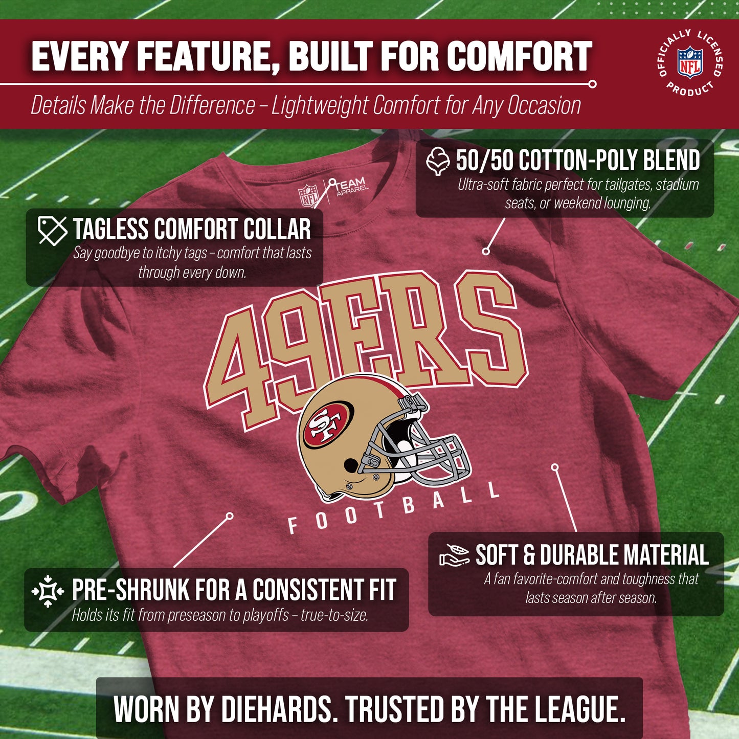 San Francisco 49ers NFL Adult All Star Heather Tag-Less T-Shirt - Red Heather