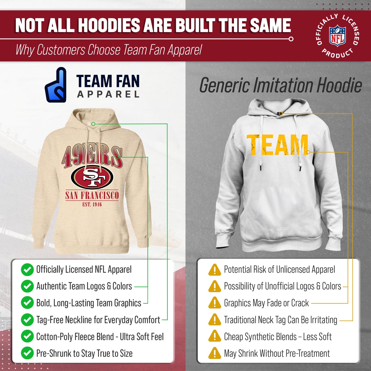 San Francisco 49ers Ladies NFL Starstruck Fleece Pullover Hooded Sweatshirt - Cream