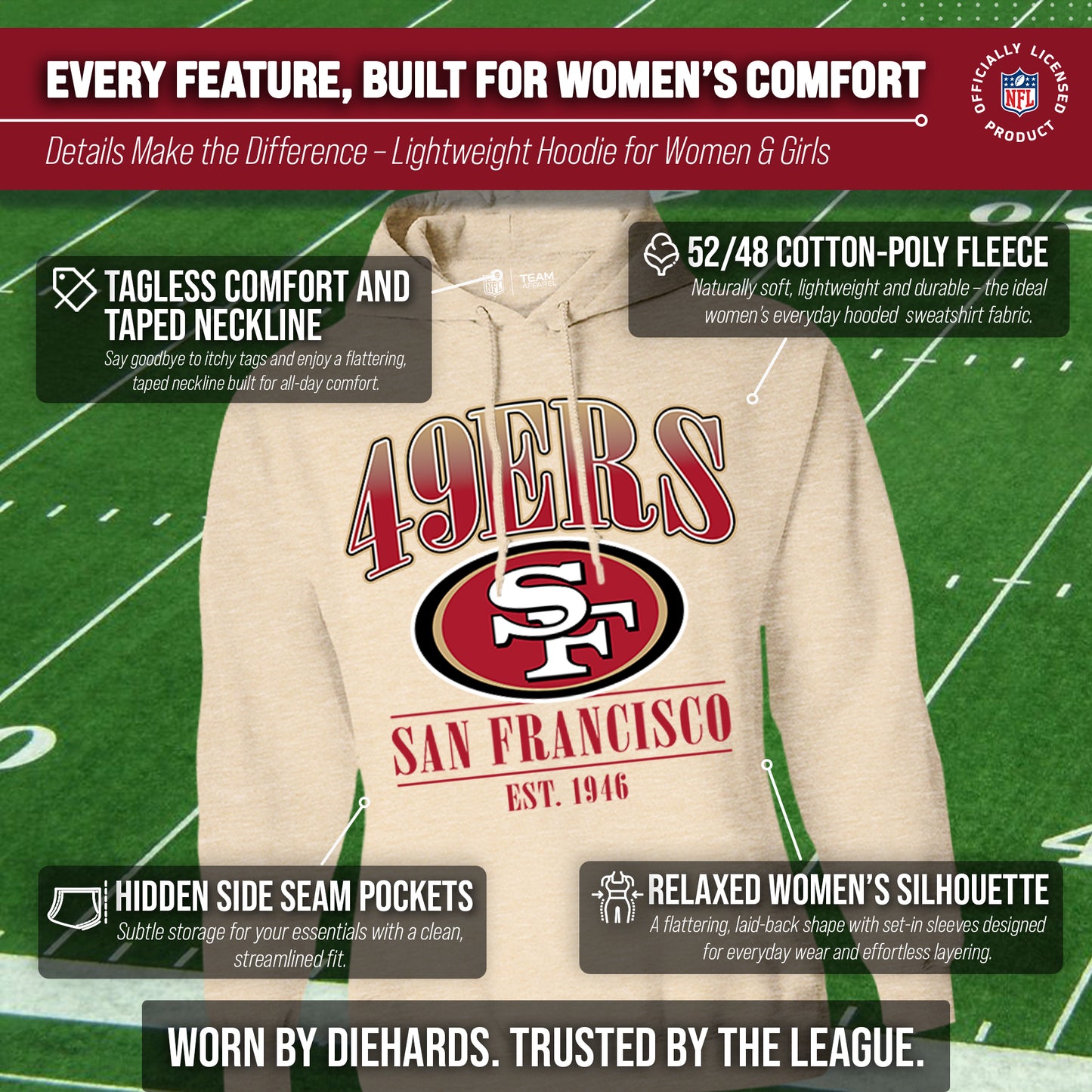 San Francisco 49ers Ladies NFL Starstruck Fleece Pullover Hooded Sweatshirt - Cream