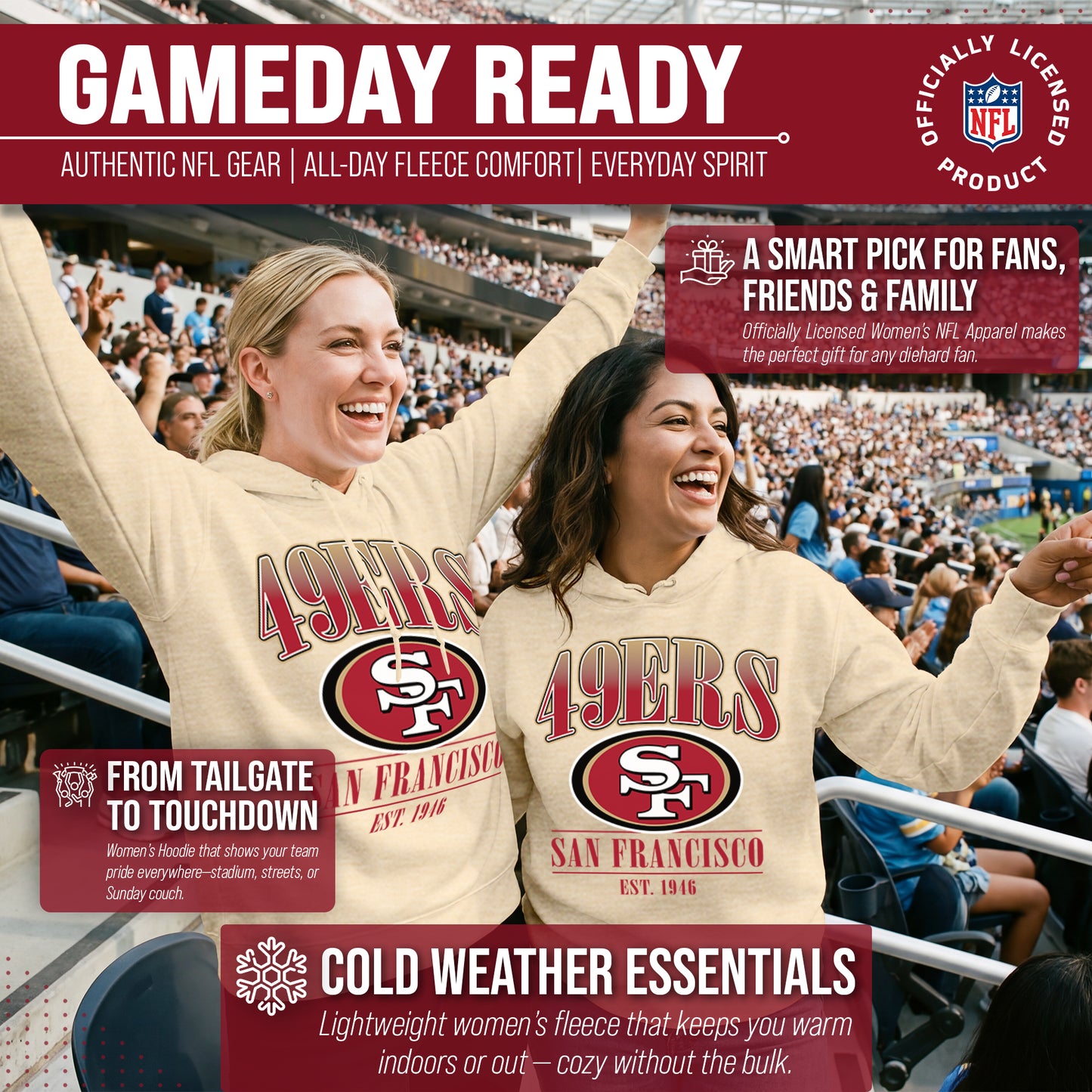 San Francisco 49ers Ladies NFL Starstruck Fleece Pullover Hooded Sweatshirt - Cream