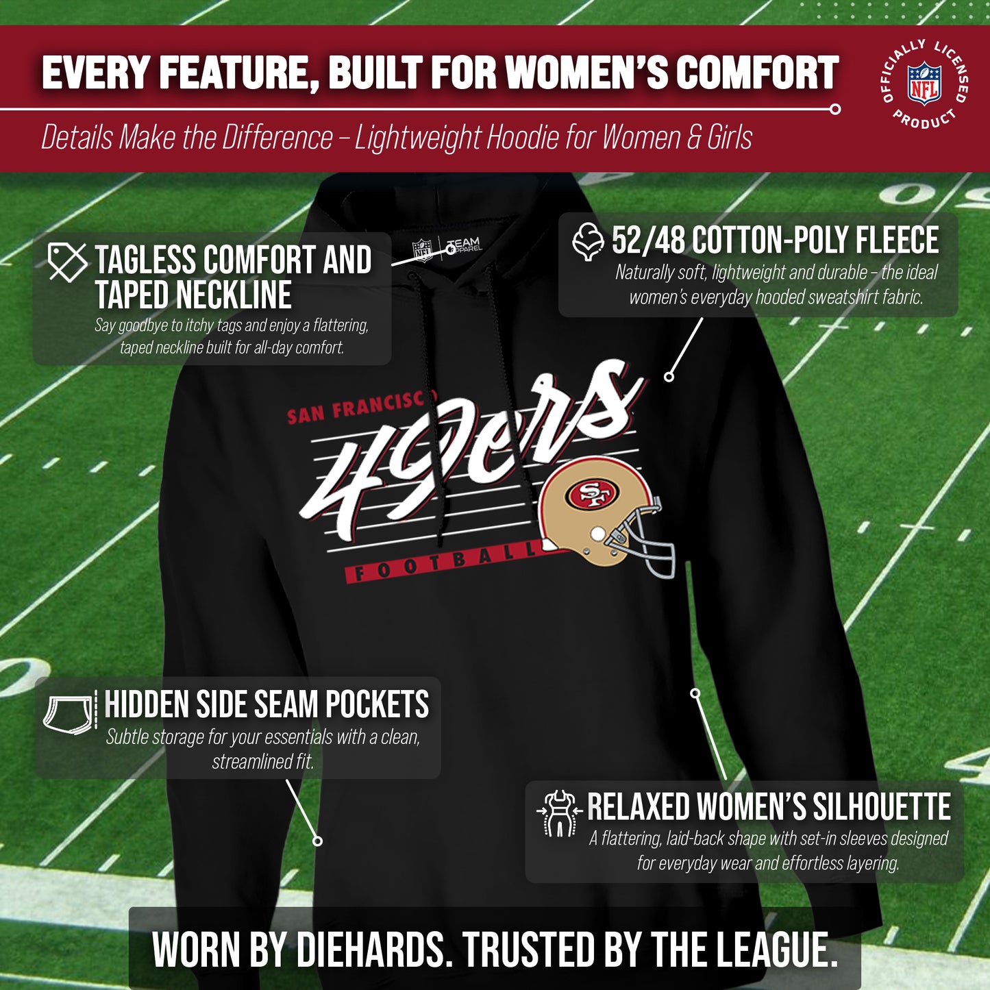 San Francisco 49ers Ladies NFL Scrimmage Line Fleece Pullover Hooded Sweatshirt - Black