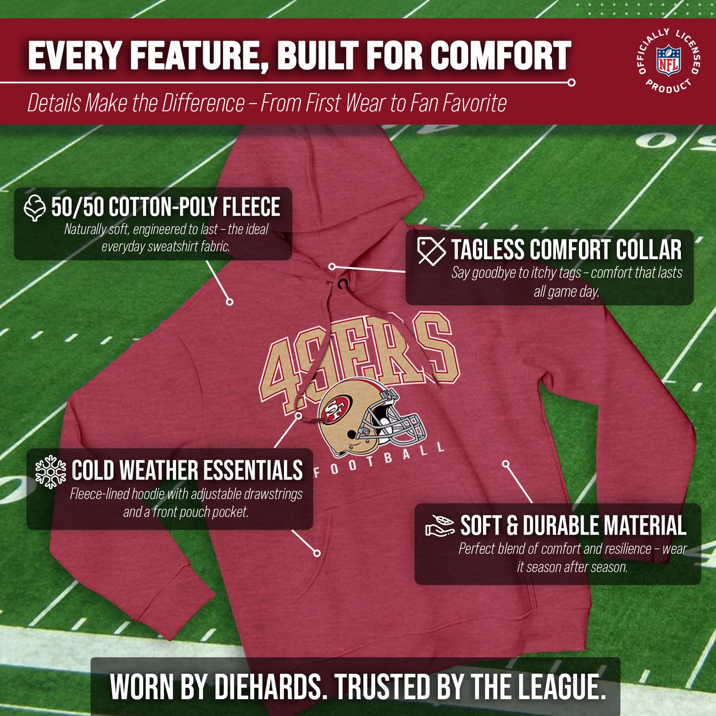 San Francisco 49ers NFL Adult Unisex All Star Soft Fleece Hooded Sweatshirt - Red Heather