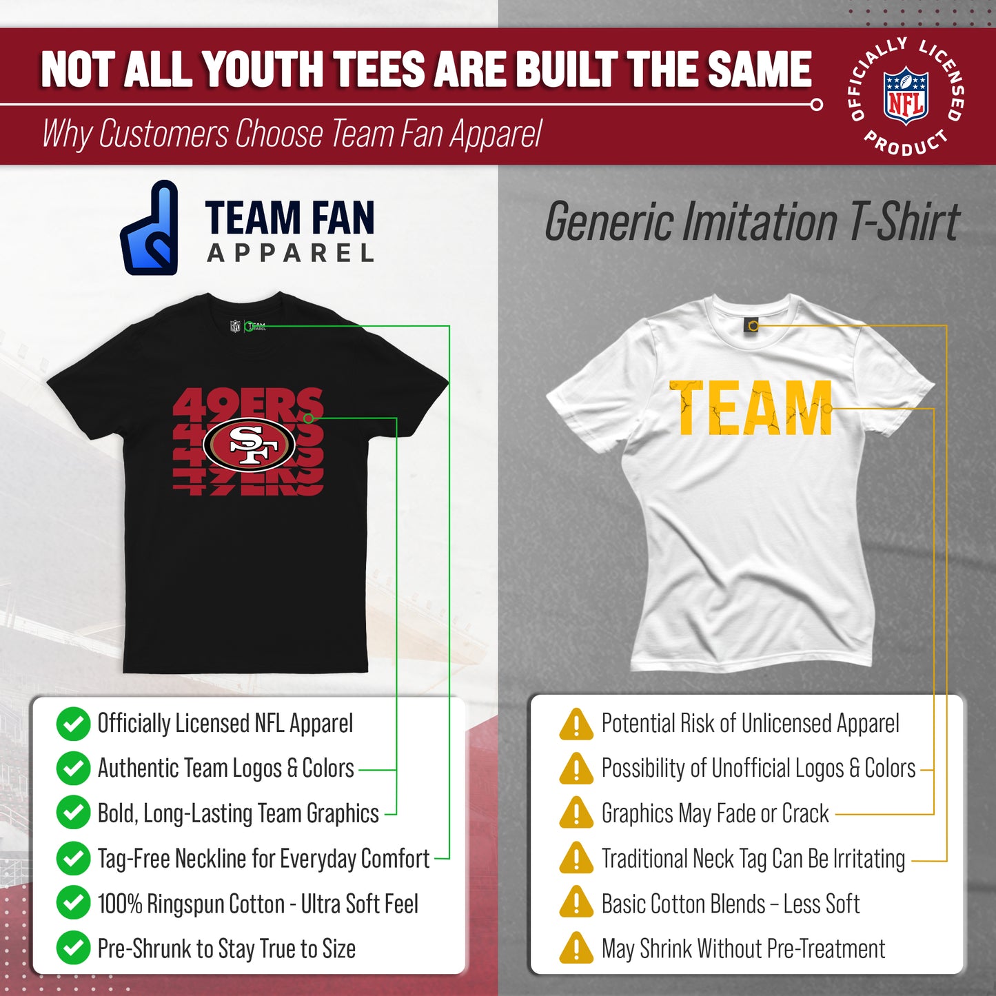 San Francisco 49ers NFL Youth Repeating Logo Football T-Shirt Unisex Tag Free Comfortable - Black