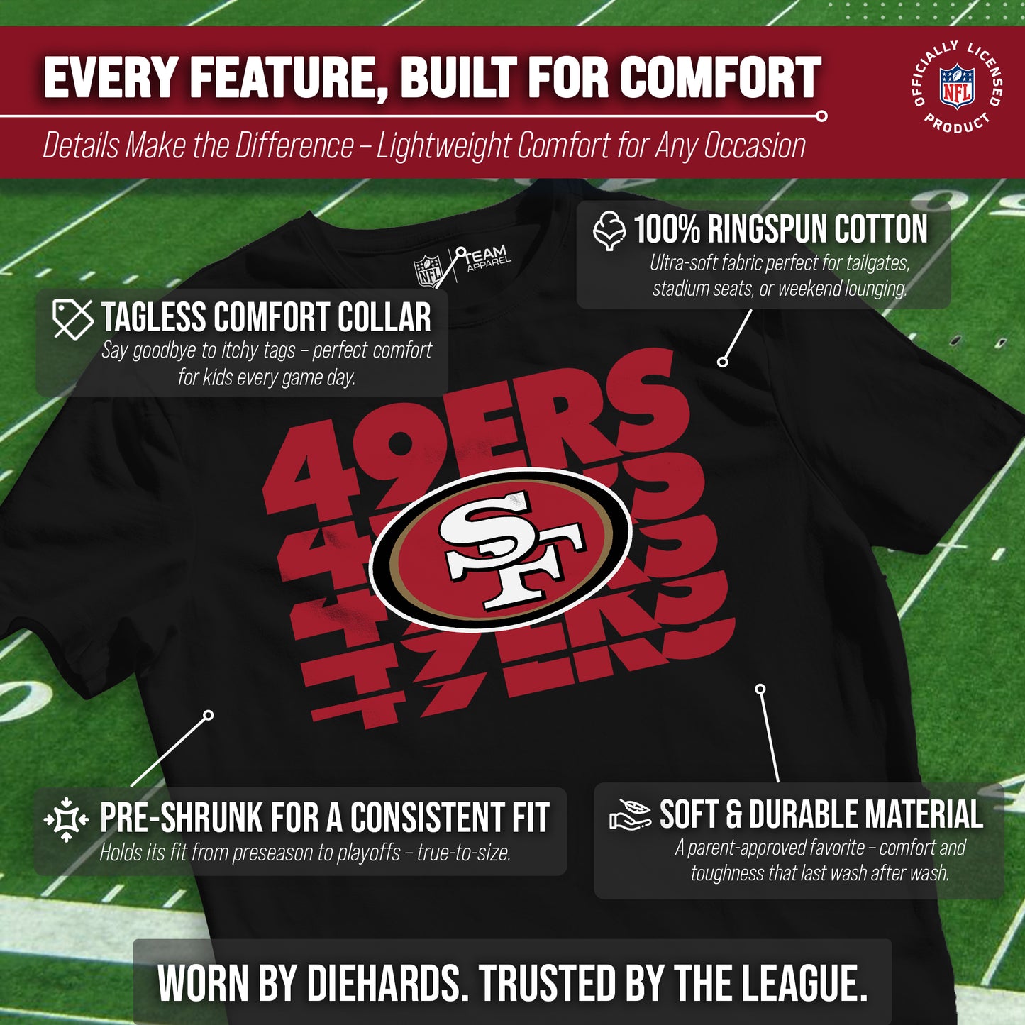 San Francisco 49ers NFL Youth Repeating Logo Football T-Shirt Unisex Tag Free Comfortable - Black