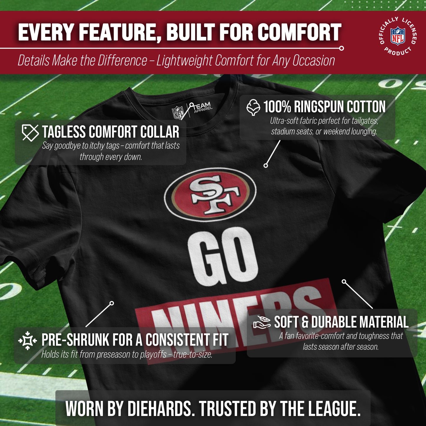 San Francisco 49ers NFL Adult Team Slogan Unisex T-Shirt - Black