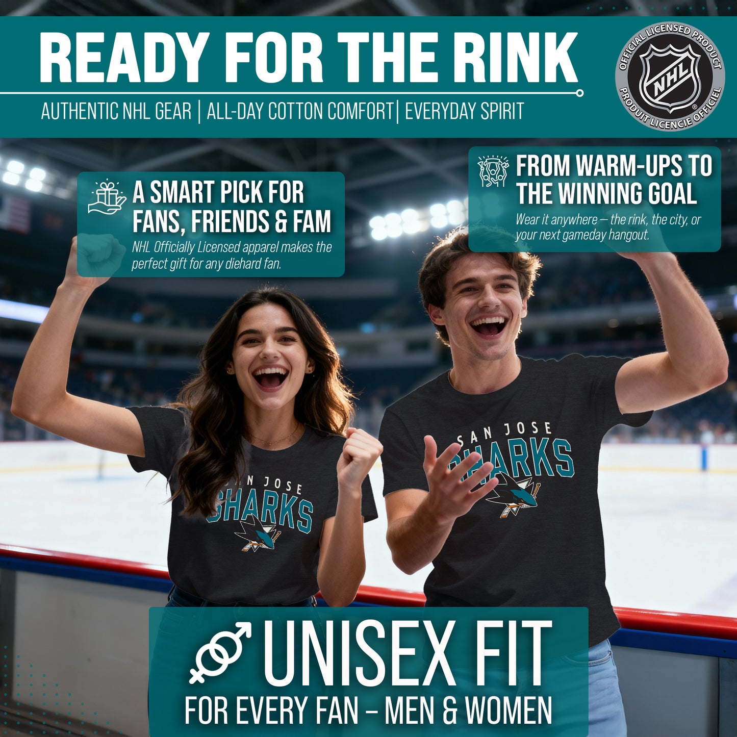 San Jose Sharks NHL Adult Powerplay Heathered Unisex T-Shirt - Black Heather