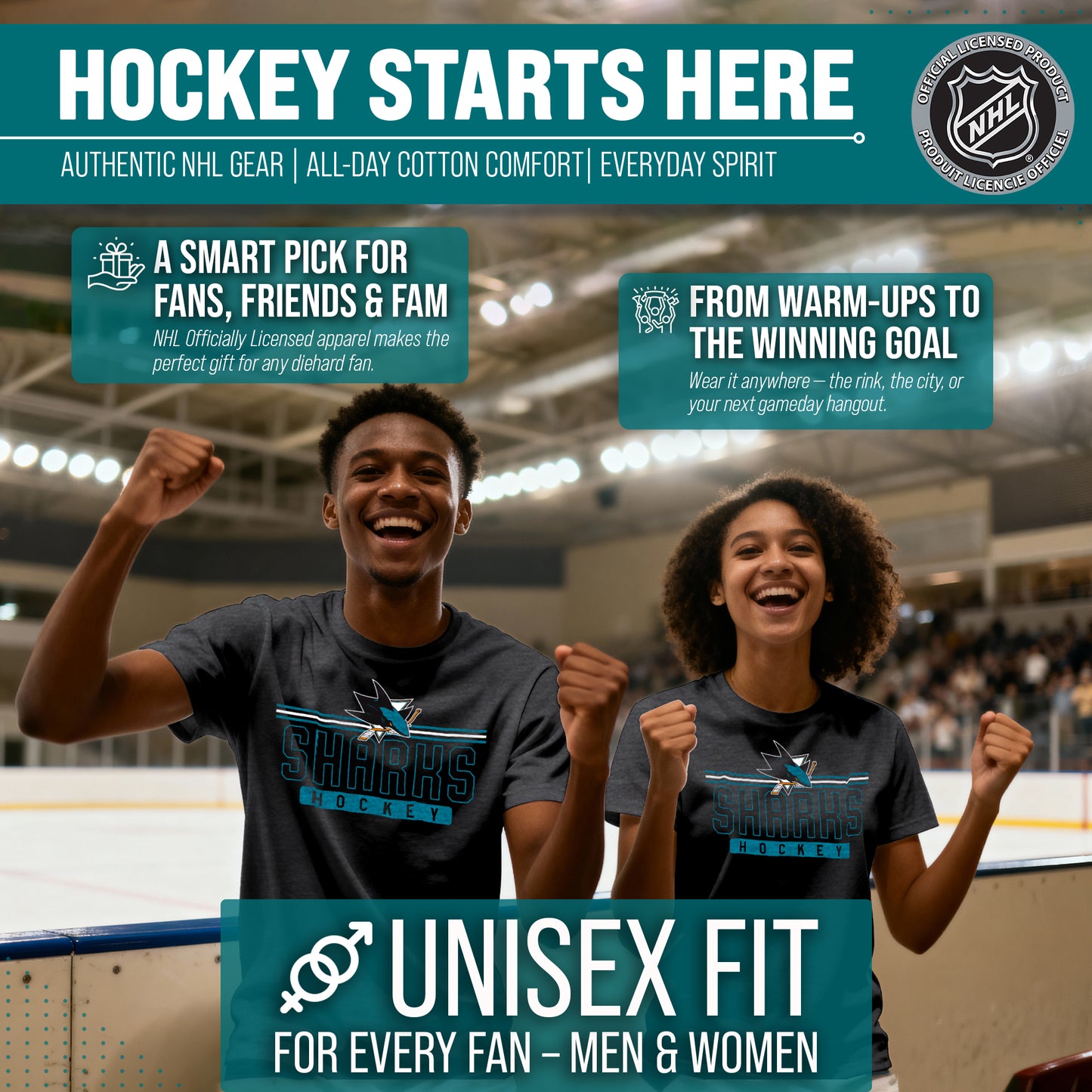 San Jose Sharks Adult NHL Heather Charcoal True Fan Hockey T-Shirt - Charcoal