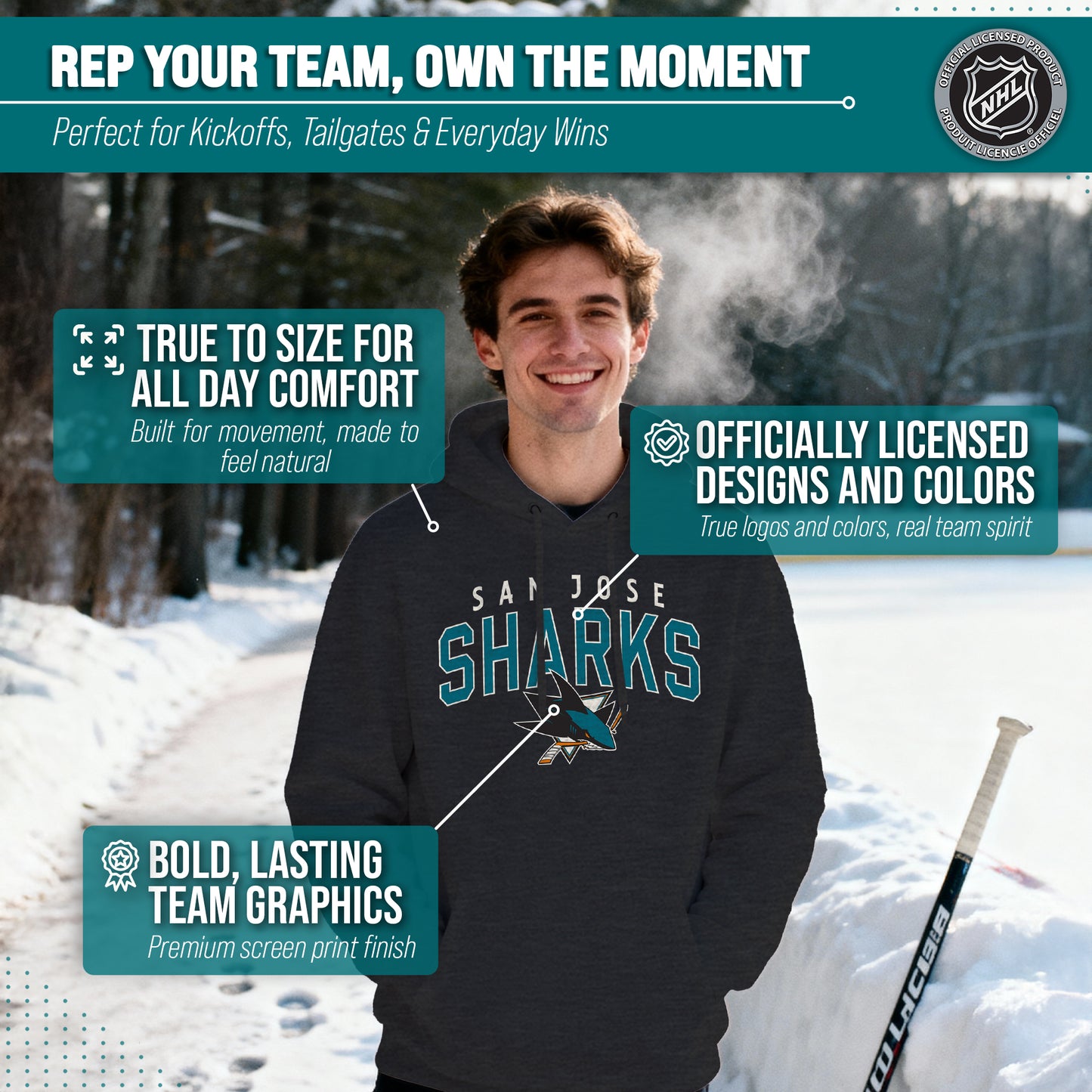 San Jose Sharks NHL Adult Unisex Powerplay Hooded Sweatshirt - Black Heather