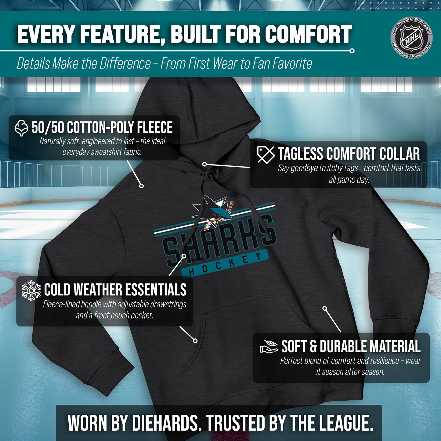 San Jose Sharks NHL Adult Heather Charcoal True Fan Hooded Sweatshirt Unisex - Charcoal