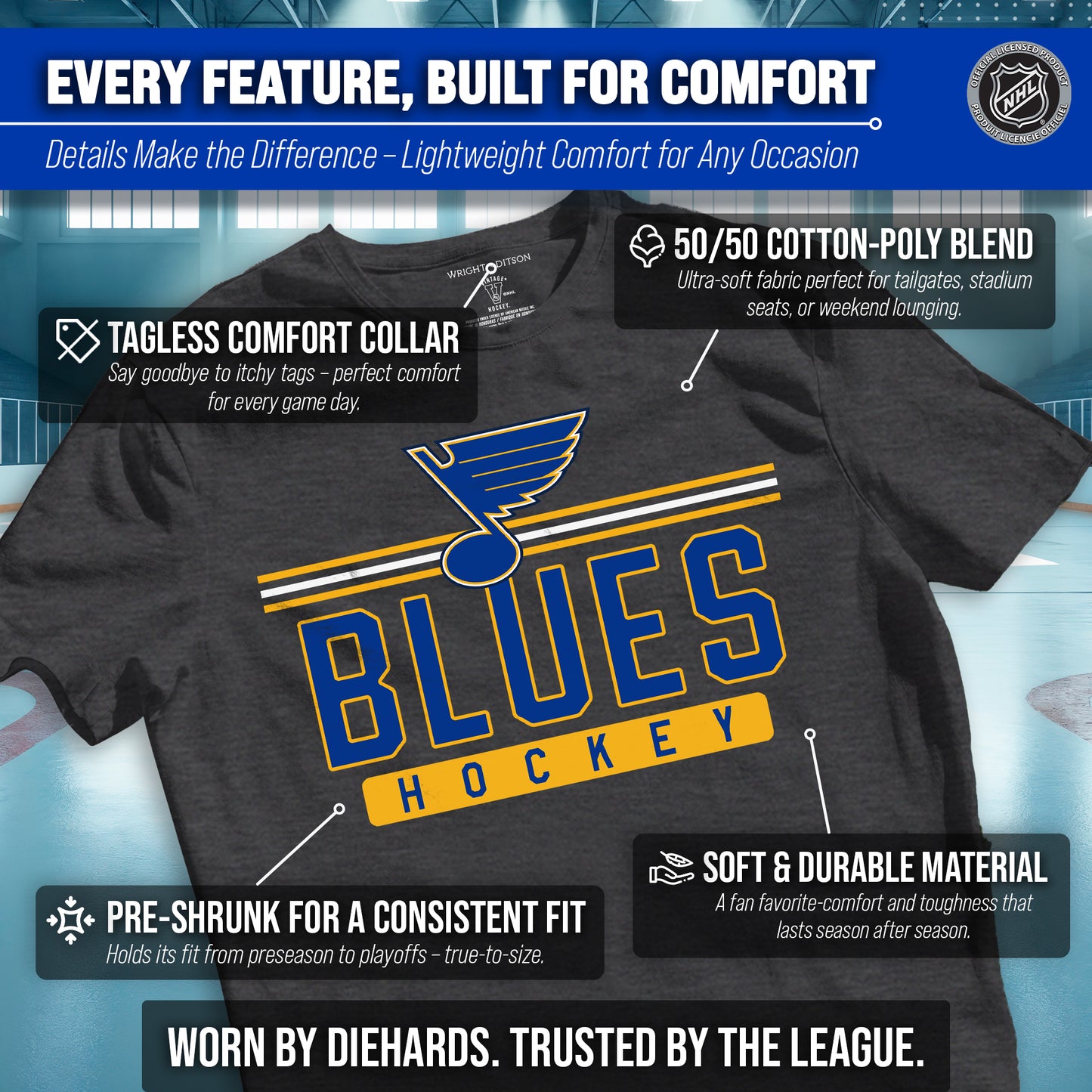 St. Louis Blues Adult NHL Heather Charcoal True Fan Hockey T-Shirt - Charcoal