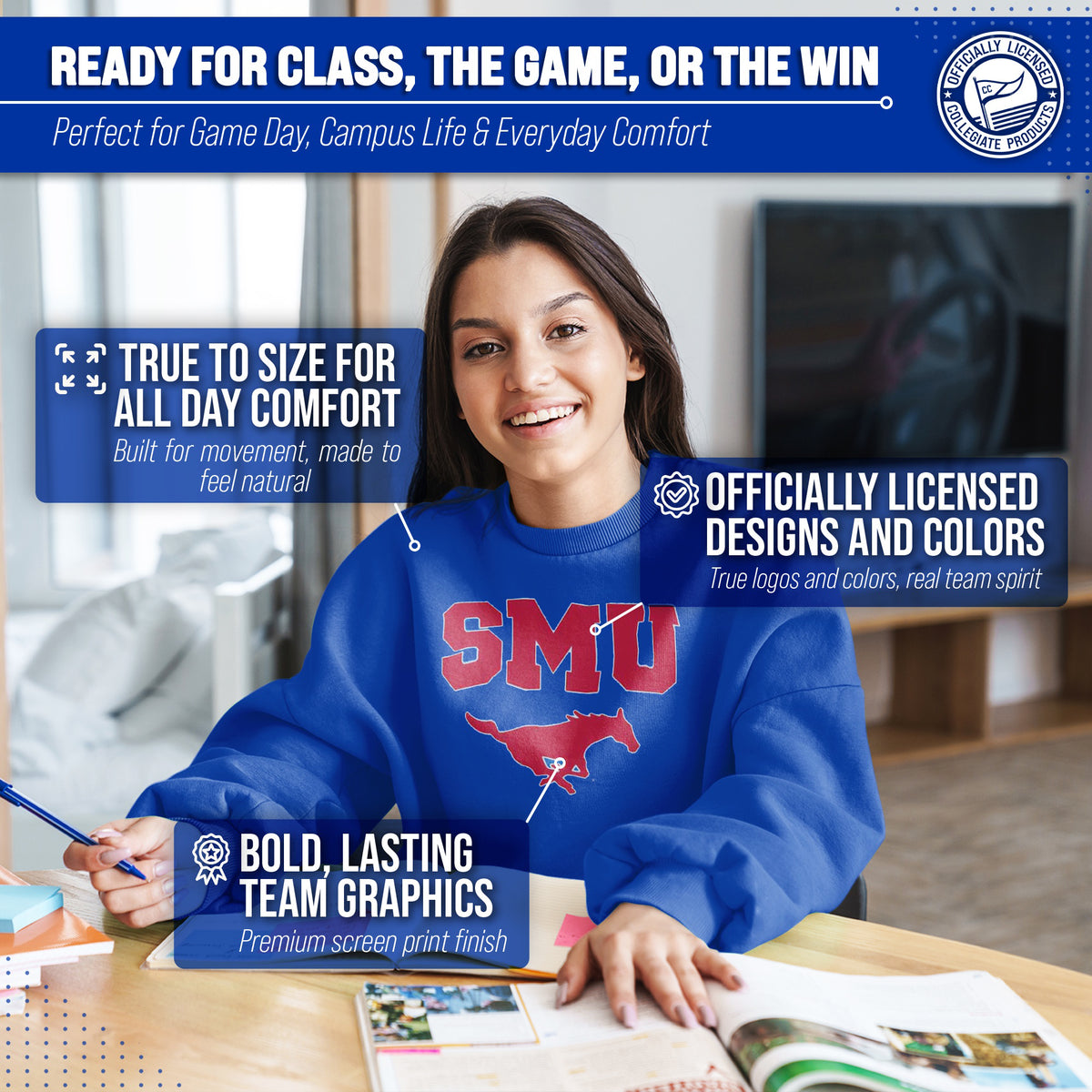 SMU Mustangs Campus Colors Adult Arch & Logo Soft Style Gameday Crewneck Sweatshirt  - Royal