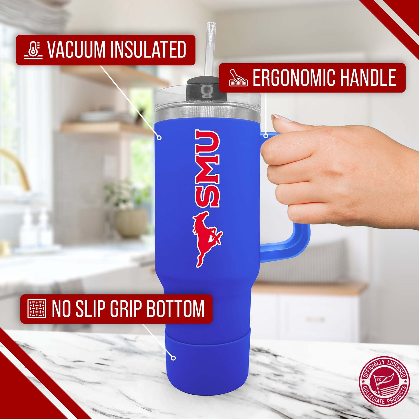 SMU Mustangs College & University 40 oz Travel Tumbler With Handle - Royal