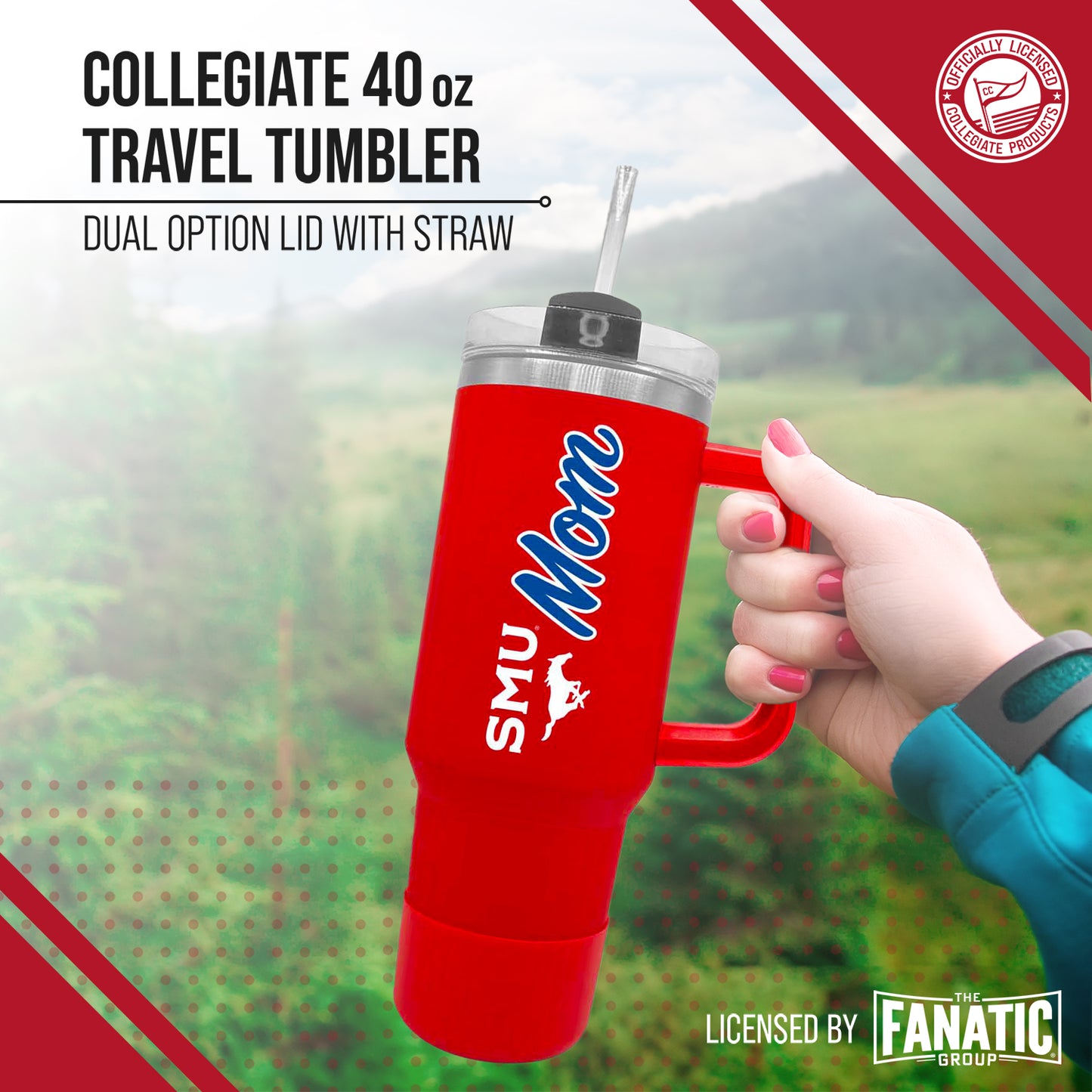 SMU Mustangs Collegiate 40oz Stainless Steel Travel Tumbler with Handle for Mom - Red