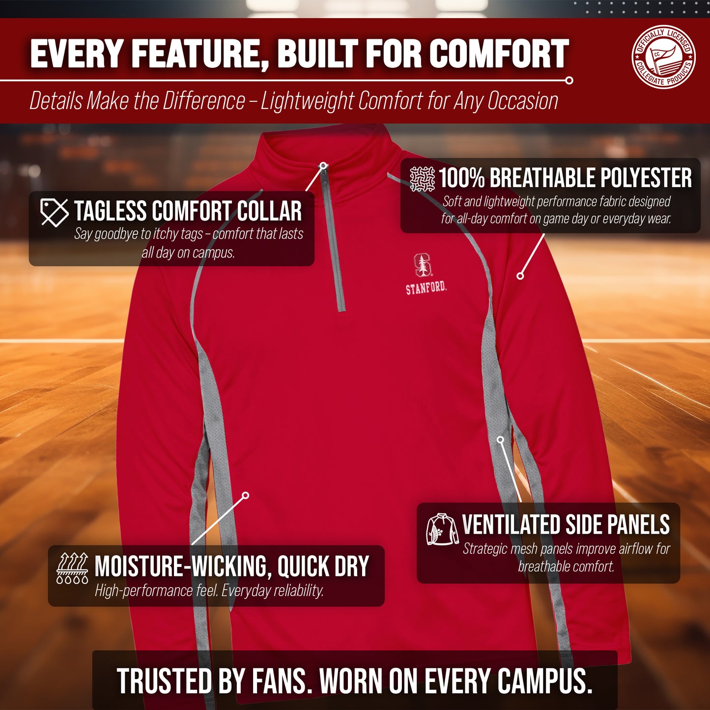 Stanford Cardinal Mens NCAA Campus Classic Long Sleeve 1/4 Zip Windshirt - Cardinal