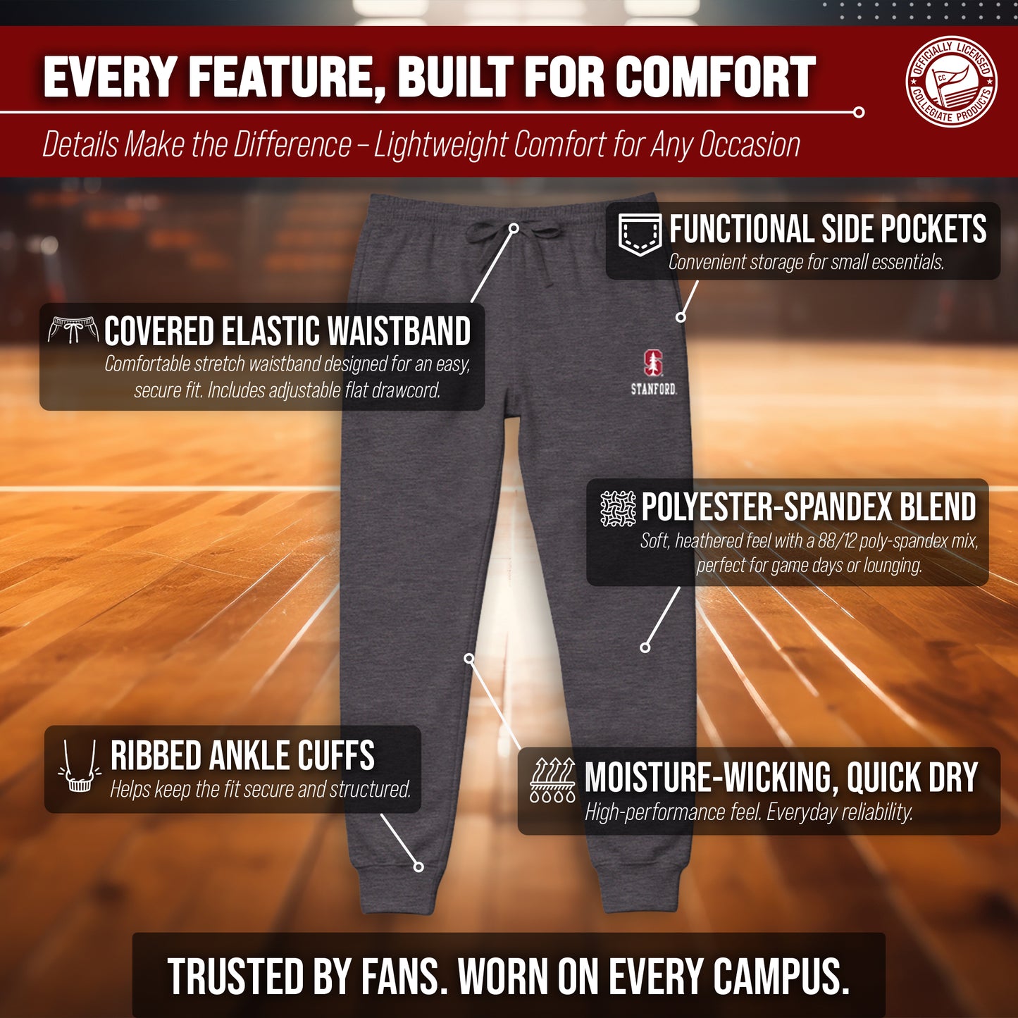 Stanford Cardinal NCAA Men’s University Cloud Jersey Performance Jogger Pants with Drawstring Waistband - Gray Heather