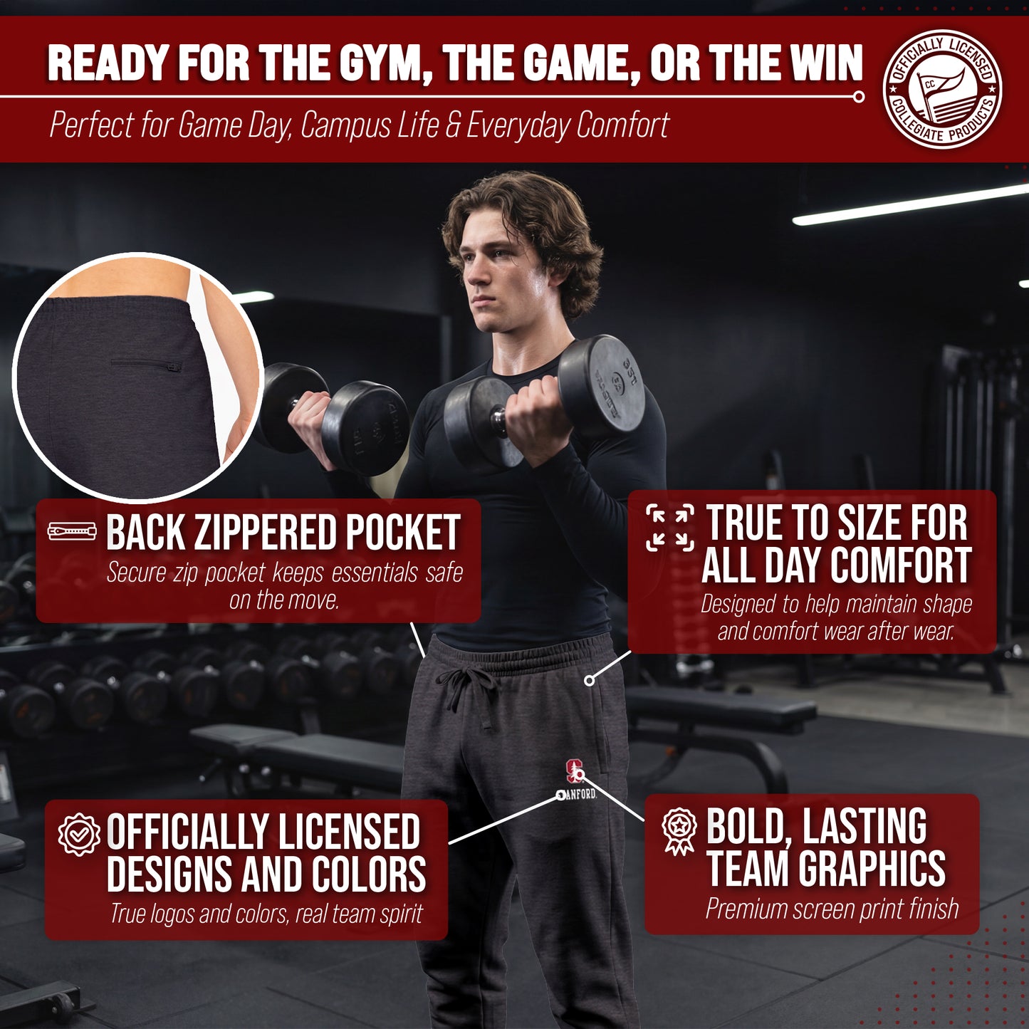 Stanford Cardinal NCAA Men’s University Cloud Jersey Performance Jogger Pants with Drawstring Waistband - Gray Heather