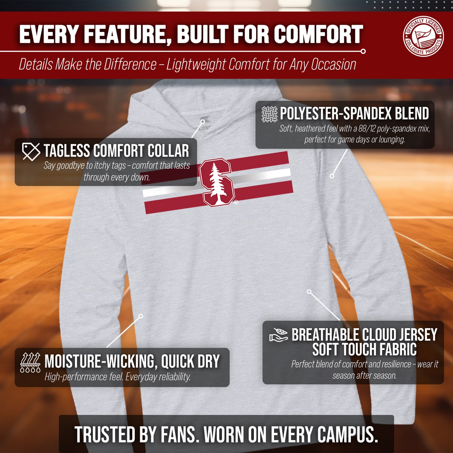 Stanford Cardinal NCAA Unisex Scholarship Cloud Jersey Performance Hooded Long Sleeve Tee - Gray Heather