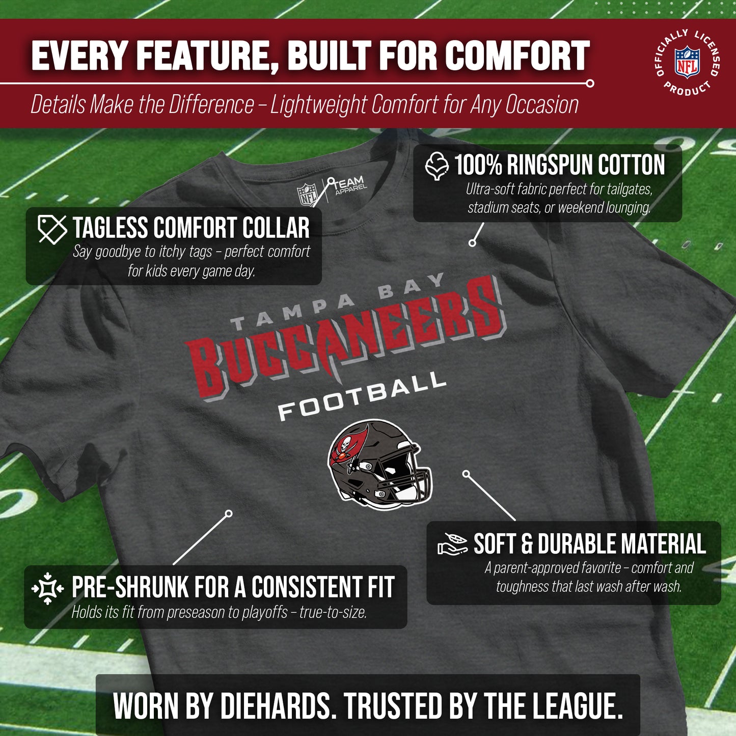 Tampa Bay Buccaneers NFL Youth Football Helmet Tagless T-Shirt - Charcoal