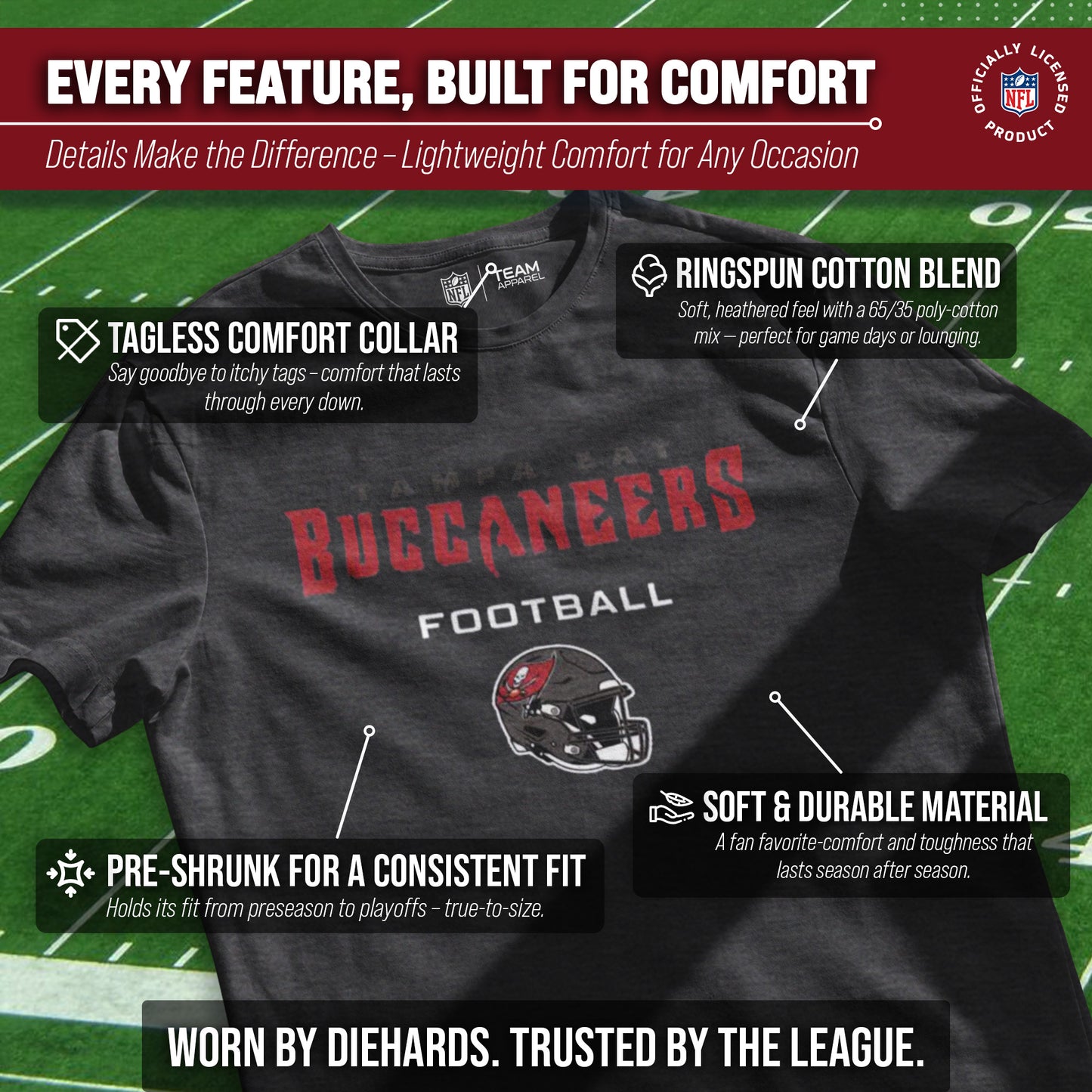 Tampa Bay Buccaneers NFL Adult Football Helmet Tagless T-Shirt - Charcoal