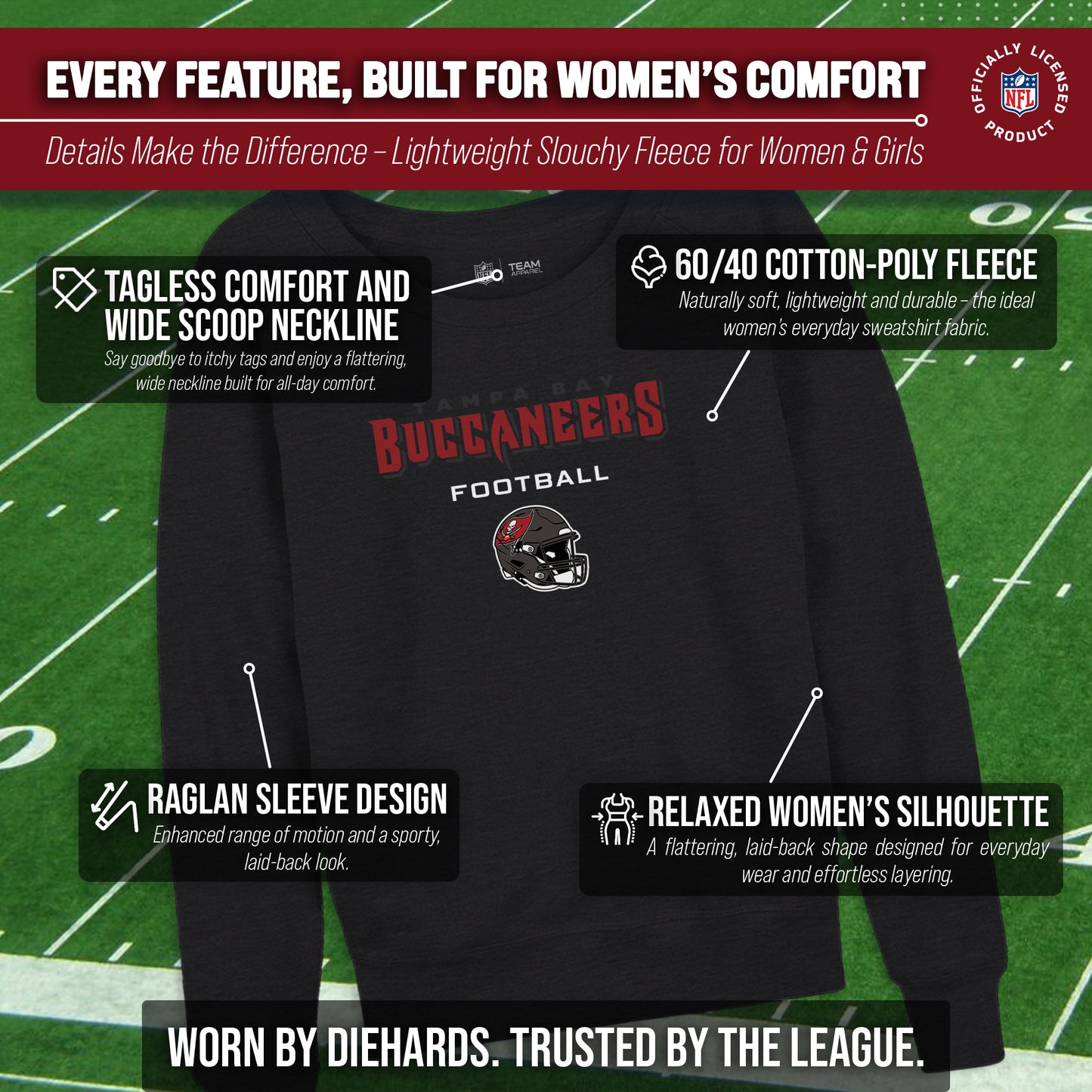 Tampa Bay Buccaneers NFL Womens Helmet French Terry Slouchy Top - Charcoal