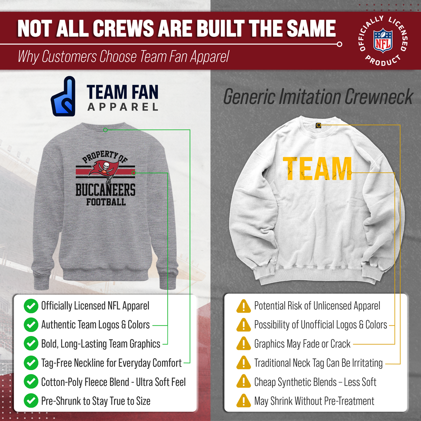 Tampa Bay Buccaneers NFL Adult Property Of Crewneck Fleece Sweatshirt - Sport Gray